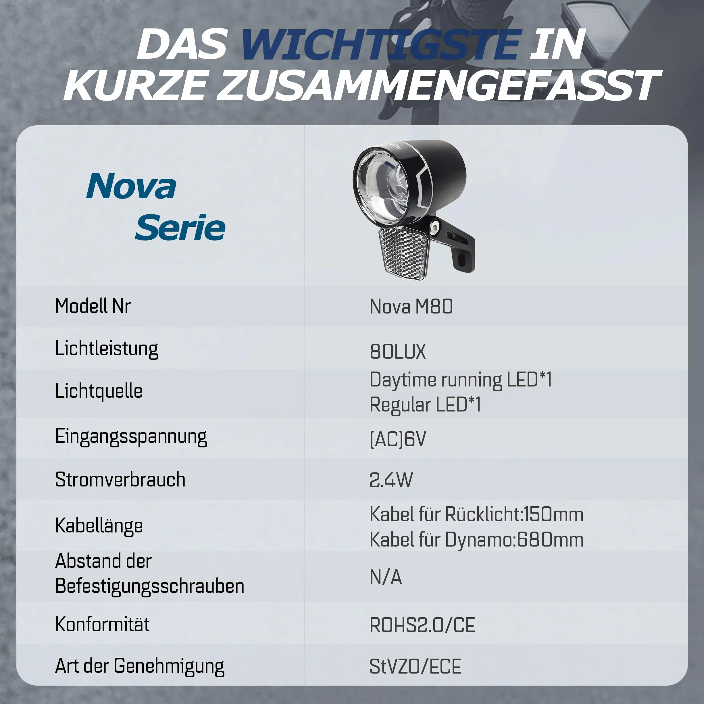 ADDVIEW Światło rowerowe 80 Lux Nova M80 – dynamo przednie światło ze światłem do jazdy dziennej, światło postojowe, aluminiowa obudowa, dopuszczone do ruchu drogowego (obowiązują przepisy lokalne