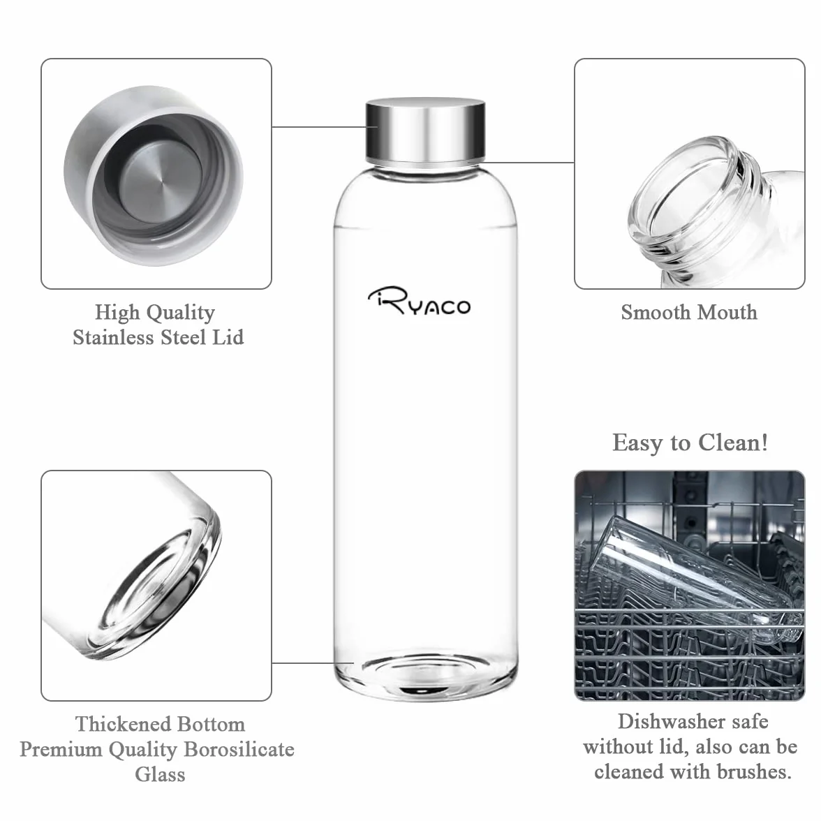 RYACO Butelka na wodę ze szkła borokrzemowego, 550 ml, bez BPA, szczelna, do szkoły, domu, biura, podróży, sportu, jogi, siłowni, gorących/zimnych napojów, z neoprenowym rękawem i szczotką z gąbki