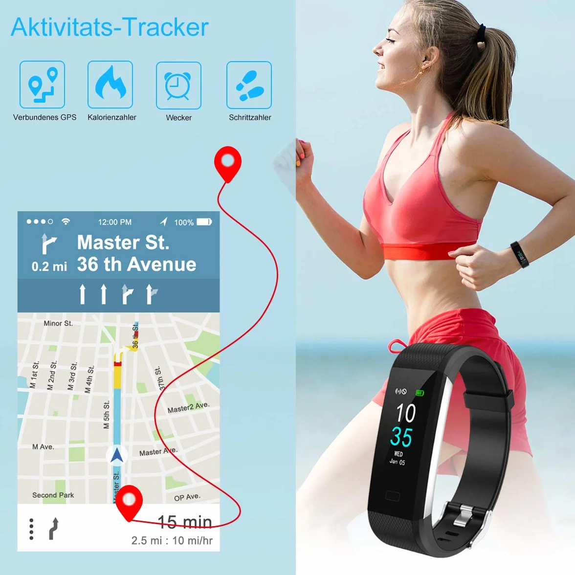 LEBEXY Bransoletka fitness, wodoszczelna IP68, zegarek fitness, smartwatch, krokomierz, monitor aktywności, licznik kalorii, zegarek sportowy