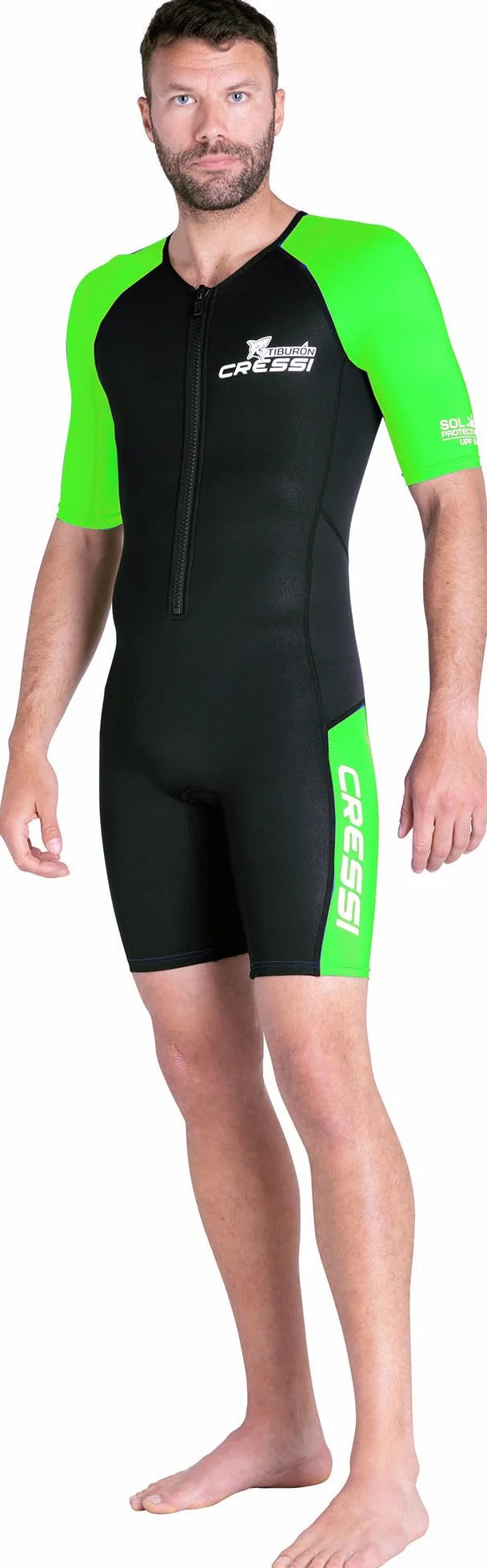 CRESSI Tiburon Man Shorty Wetsuit Black/Fluo Lime 2mm 2XL/6 - Męski kombinezon neoprenowy i elastanowy krótki kombinezon YKK zamek błyskawiczny z przodu - czarny/fluo limonkowy, XXL/6