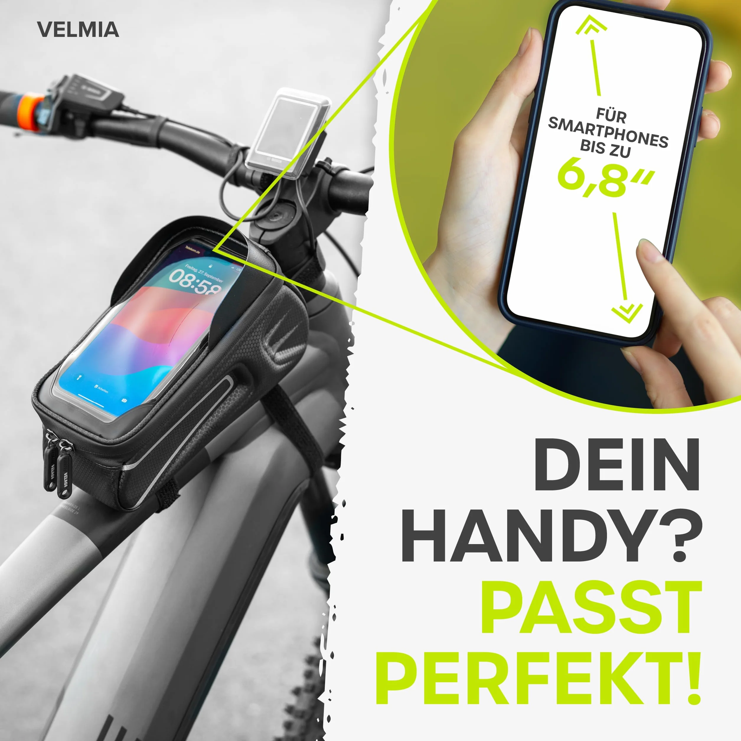 Velmia Uchwyt rowerowy na telefon i torba na ramę | Smartfony do 6,7 cala, pojemność 1,3 litra | 100% wodoodporna i funkcjonalna ochrona dotykowa | Odblaskowa, trwała, łatwa w instalacji | Akcesoria