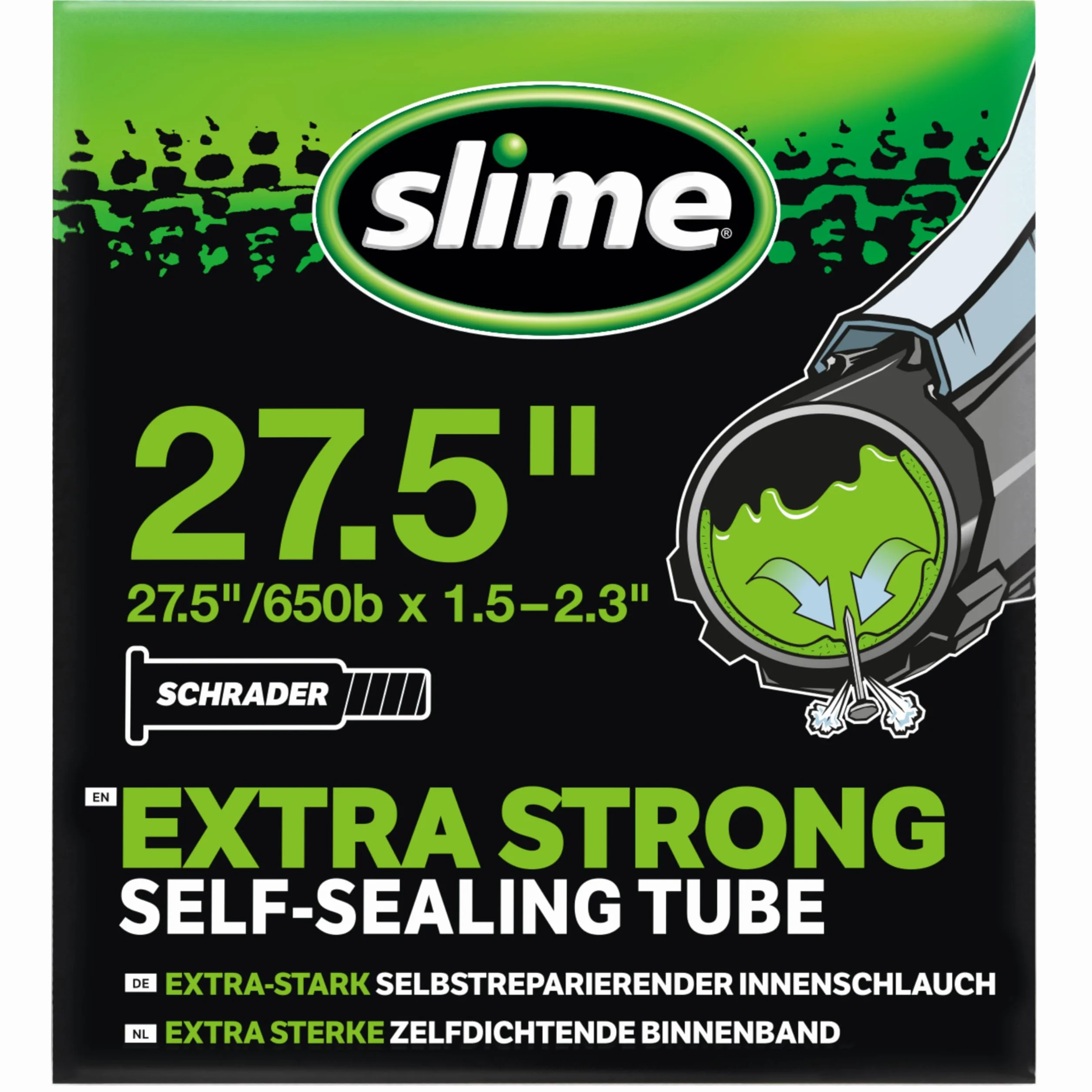 Slime 30077 dętka rowerowa z uszczelniaczem do przebijania, samouszczelniający, zapobiegający i naprawczy, zawór Schradera, 50/60-584 mm (27,5 (650b) x 2,0-2,4
