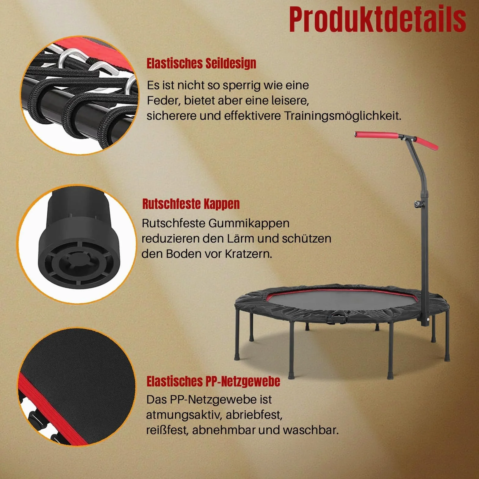 LIFERUN Cicha trampolina fitness, ośmiokątna mini trampolina, Ø 128 cm, do użytku wewnątrz i na zewnątrz, elastyczny sznurek, uchwyty z regulacją wysokości, obciążenie 150 kg, dla dorosłych, do