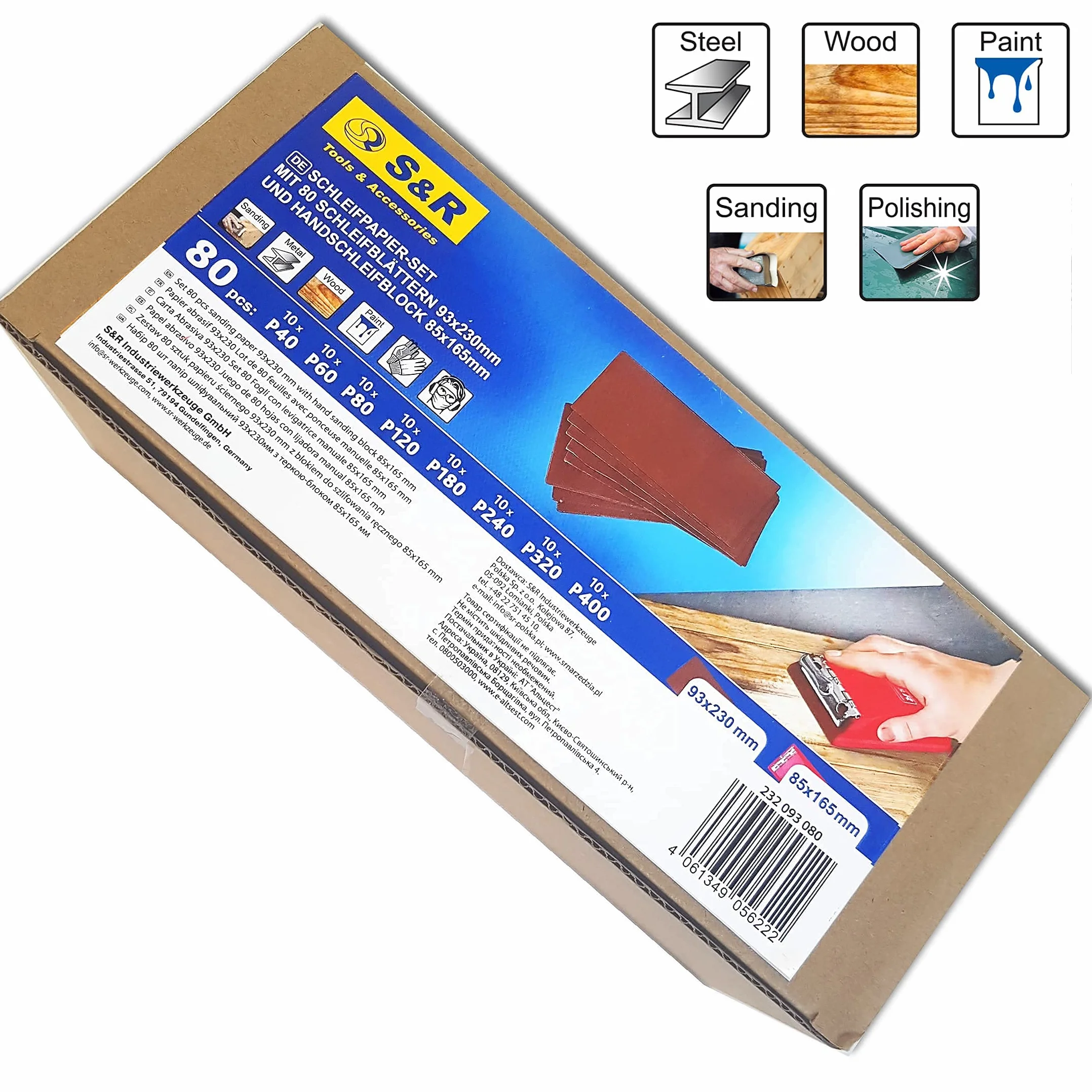 S&R zestaw papierów ściernych 165 x 85 mm, 80 szt. arkuszy 93 x 230 mm, ziarnistość P40-400, blok szlifierski
