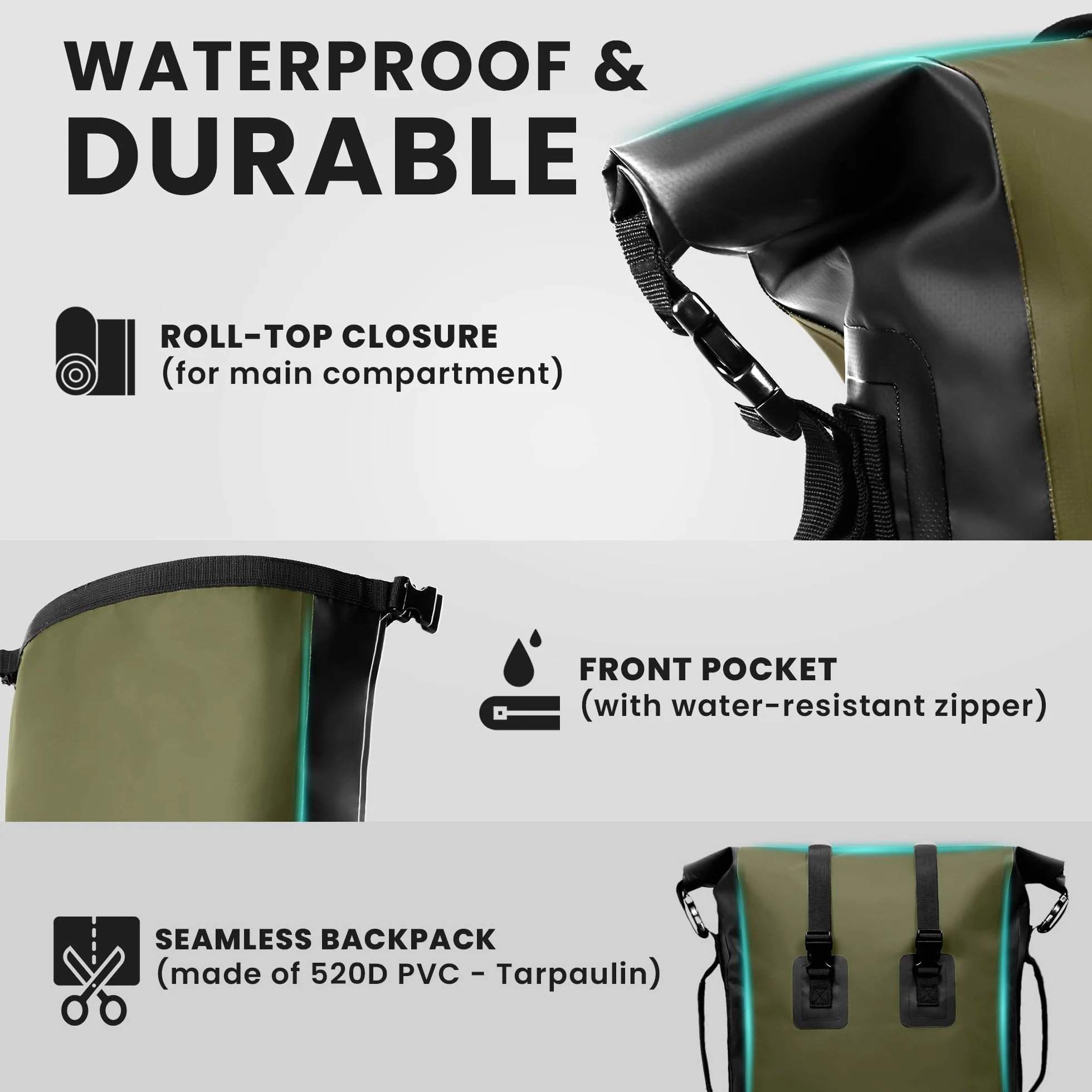 Nordlight Wodoodporny plecak Dry Bag 35L - (Oliwkowa Zieleń) Plecak zwijany z wyściełanym paskiem, wodoodporna torba do sportów wodnych, plecak rowerowy, plecak kurierski, trekking, wędkarstwo