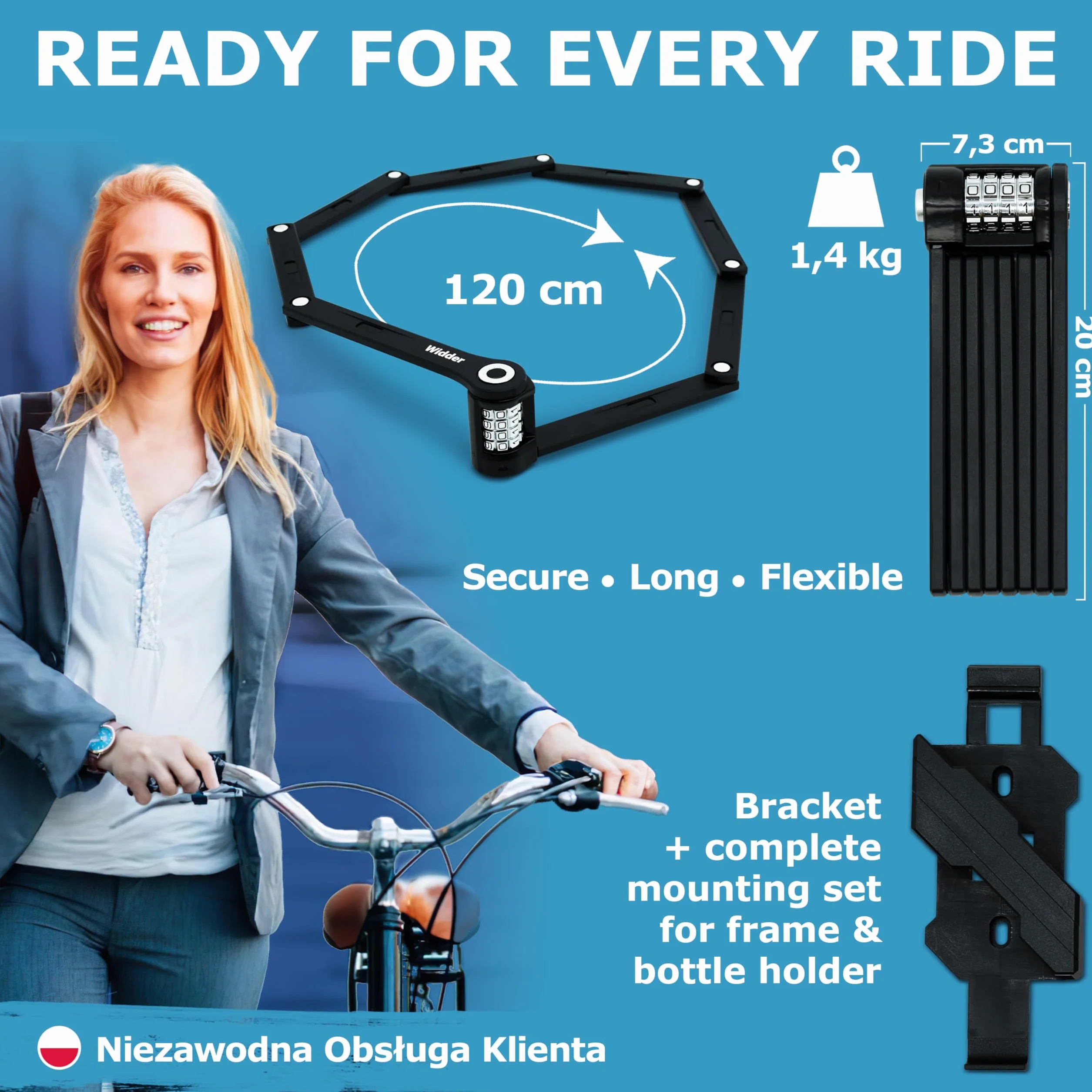 WIDDER 120cm Zamek rowerowy składany szyfrowy Poziom Tytan-Stal 15 z uchwytem