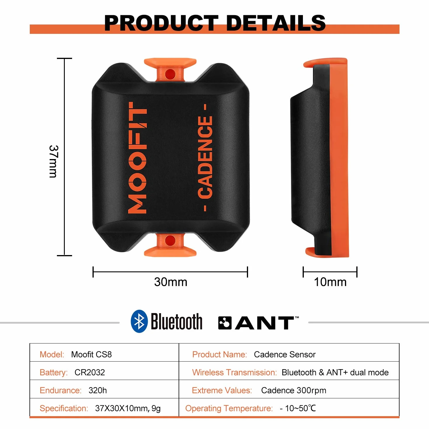 moofit CS8 czujnik prędkości rowerowej i czujnik rytmu, bezprzewodowa prędkość Bluetooth i ANT+, czujnik odległości i czujnik rytmu z wodoodporną technologią IP67, kolor pomarańczowy