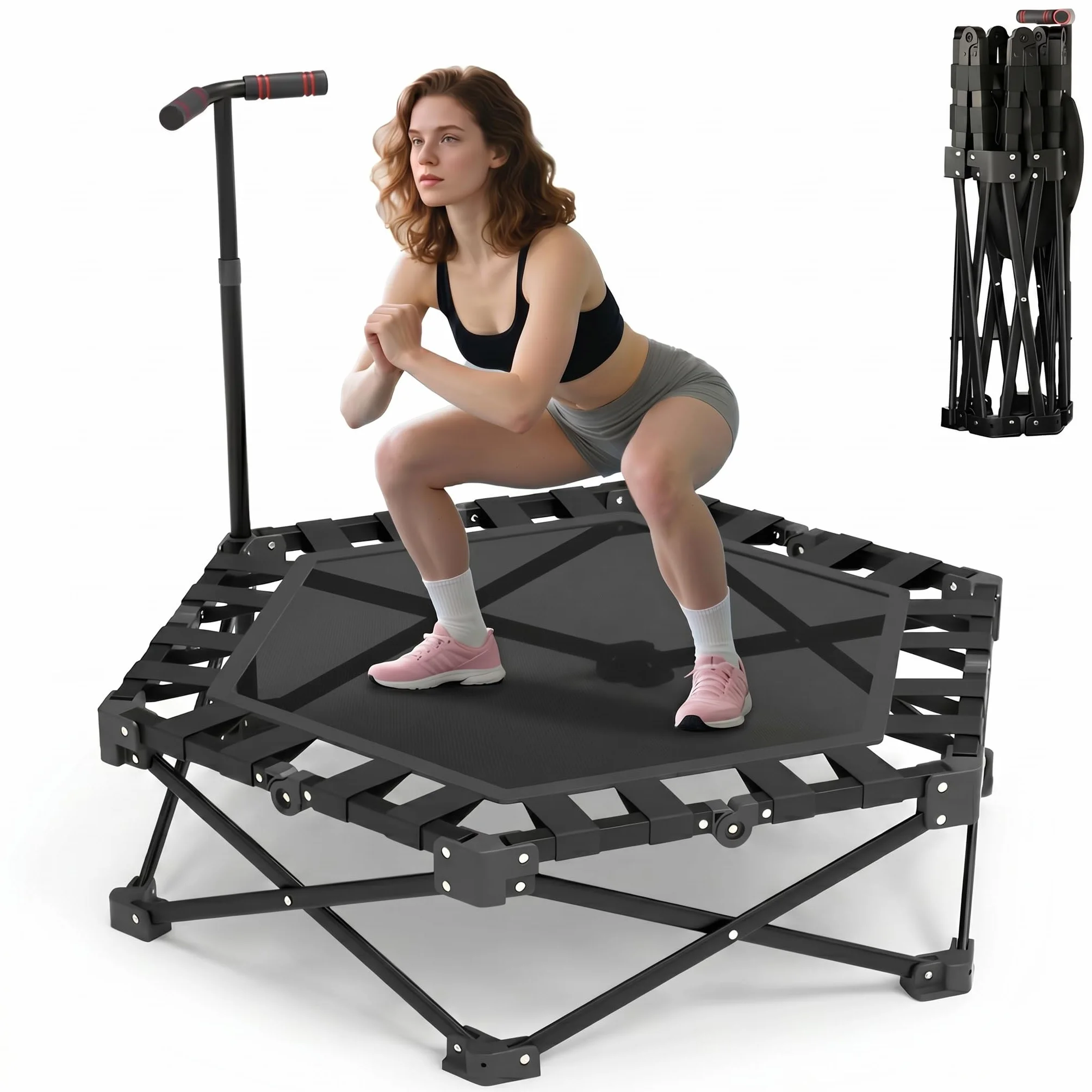 Trampolina Fitness, 106 cm Składana Mini Trampolina do Użytku Wewnętrznego z 3-Stopniową Regulacją Wysokości Uchwytu, Nośność 200 kg, Mała Trampolina do Domowego Treningu dla Dzieci i Dorosłych