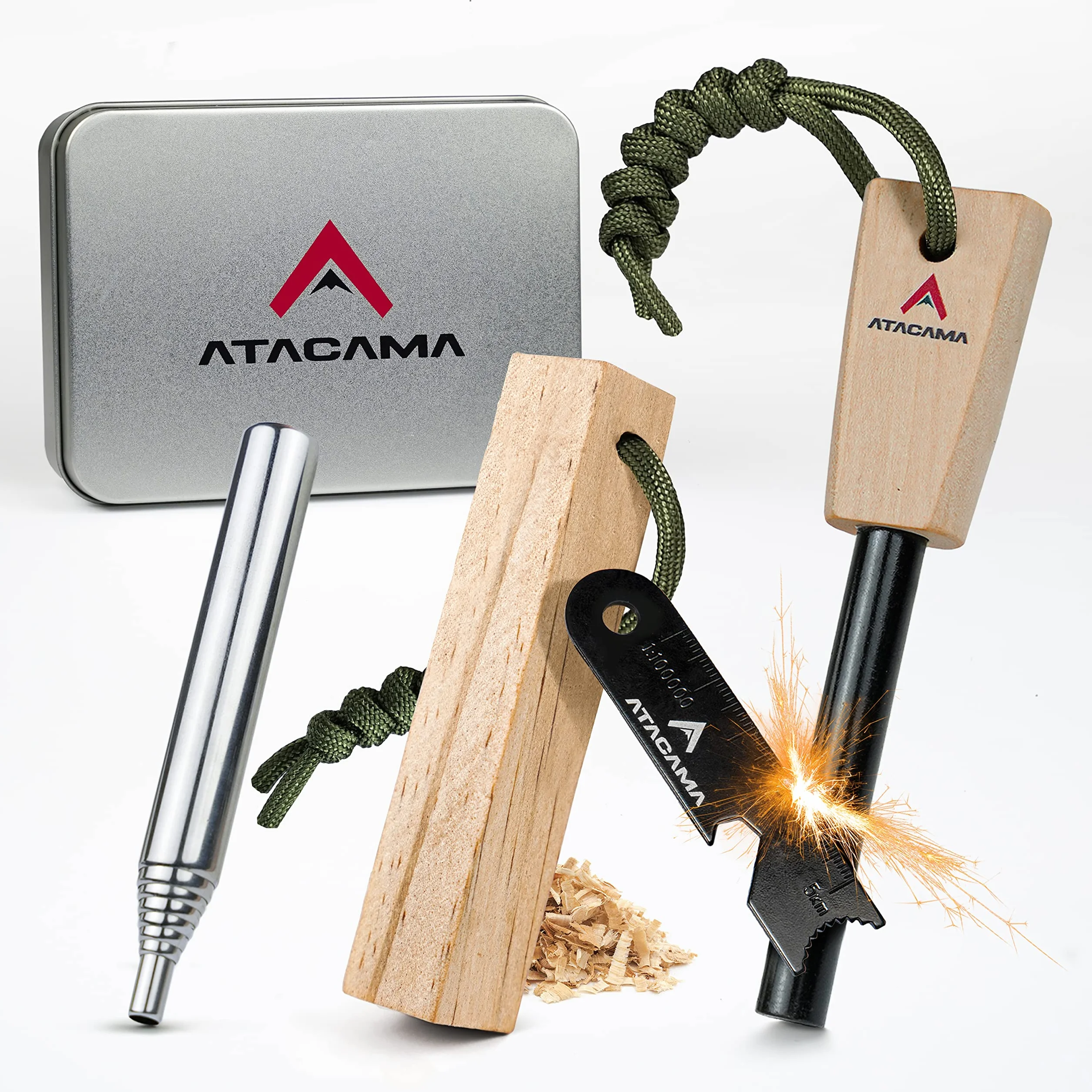 Atacama Krzesiwo survivalowe zestaw z narzędziem wielofunkcyjnym, krzesiwo Kienspan Tinder, dmuchawka i krzesiwo - wyposażenie outdoorowe i wyposażenie bushcraft - Firestarter - wieczna zapałka