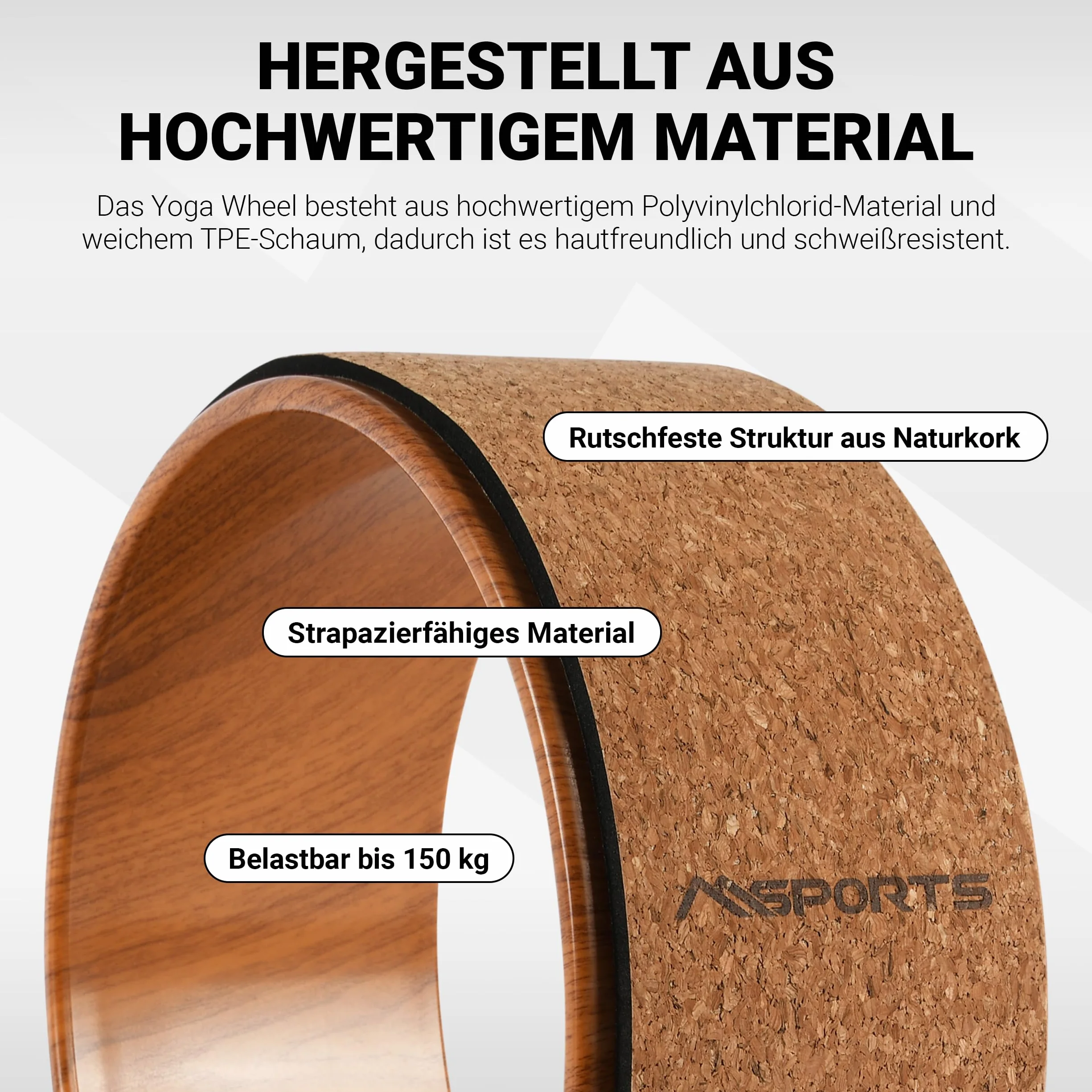 MSPORTS Yoga Wheel – Premium – narzędzie do ćwiczeń jogi | koło do jogi (drewno – kork)