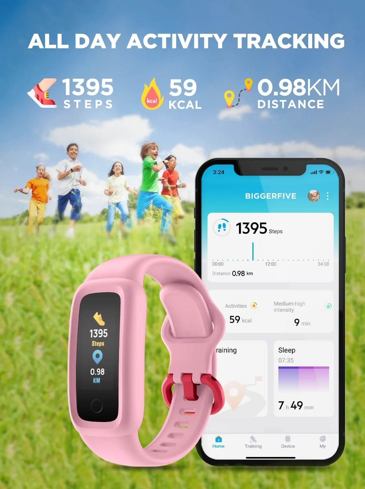 BIGGERFIVE Vigor 2 Fitness Tracker zegarek dla dzieci, dziewcząt, chłopców w wieku 5-12 lat, monitor aktywności, krokomierz, pulsometr, monitor snu, wodoszczelność IP68