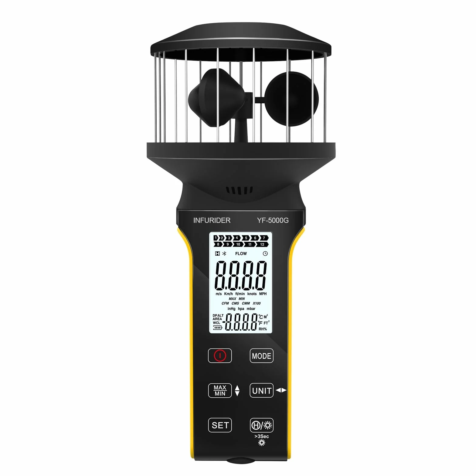 Anemometr INFURIDER, przenośny anemometr z przyciskiem dotykowym zapobiegającym kurzowi, akumulatorowy miernik wiatru, miernik CFM, anemometr prędkości do pomiaru siły wiatru, zimna, temperatury