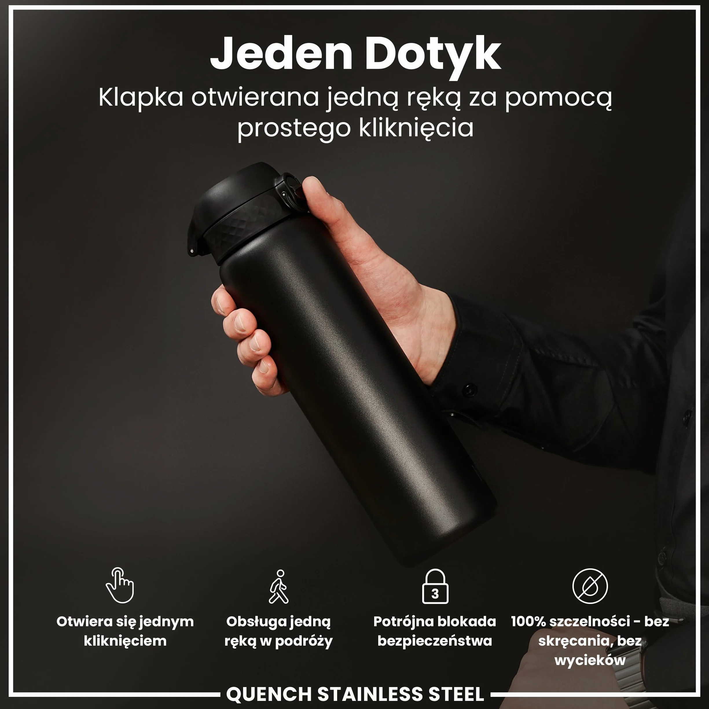 ION8 Butelka na Wodę ze Lekki Stali, 1 Litra, Nieocieplany, Szczelna, Łatwa do Otwarcia, Bezpieczne Zamykanie, Uchwyt do Noszenia, Możliwość Mycia w Zmywarce, Trwałe, Czarny