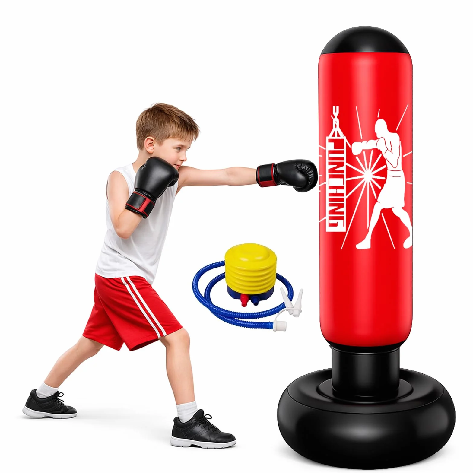 Nadmuchiwany worek bokserski dla dzieci, 160 cm, stojący worek bokserski z pompką, do karatów, taekwondo, kickboxingu, treningu koordynacji i pewności siebie, prezent dla chłopców i