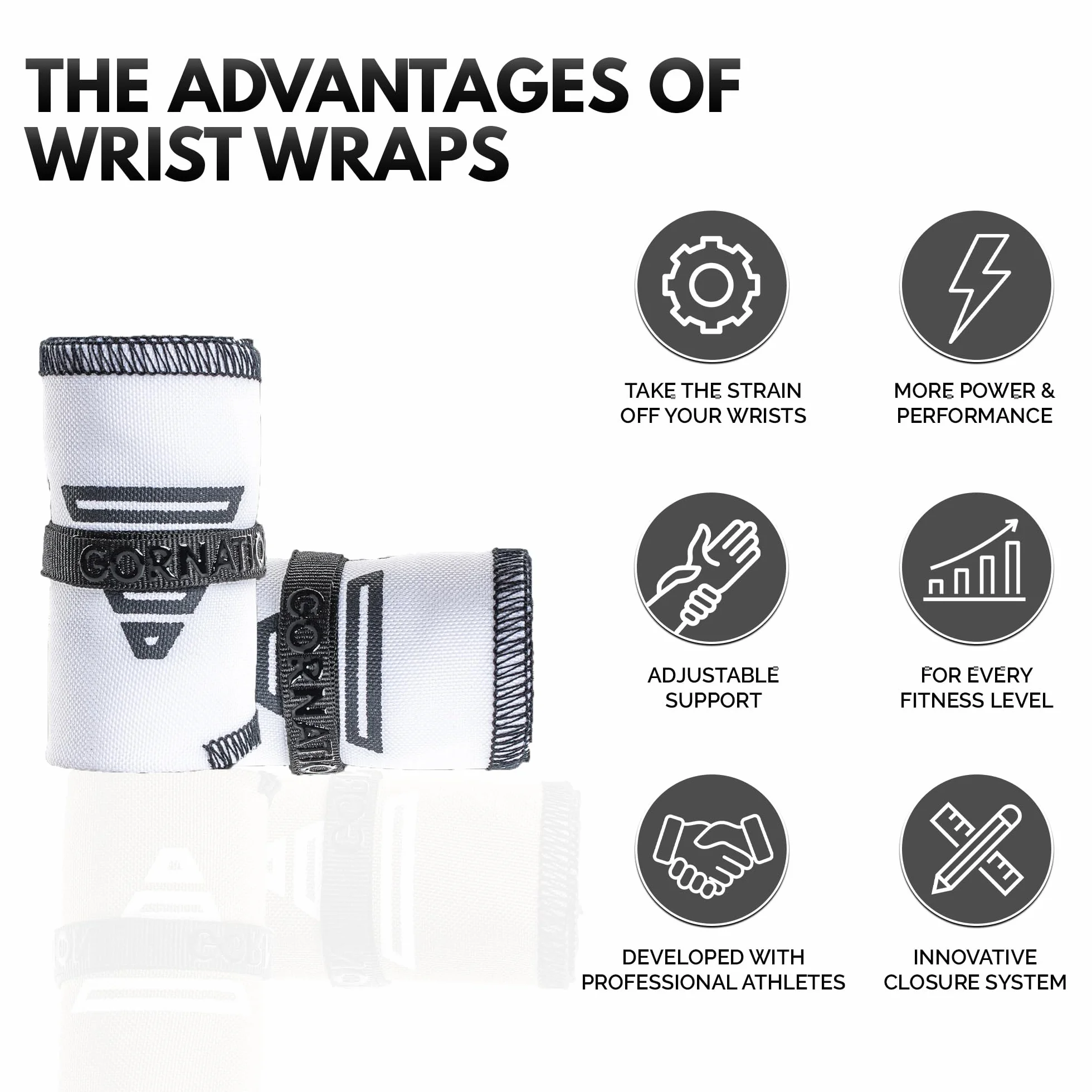 GORNATION Handledsband – Performance Wrist Wraps för fitness, gym, kalisthenics och styrketräning – 1 par omlottband, premium vit