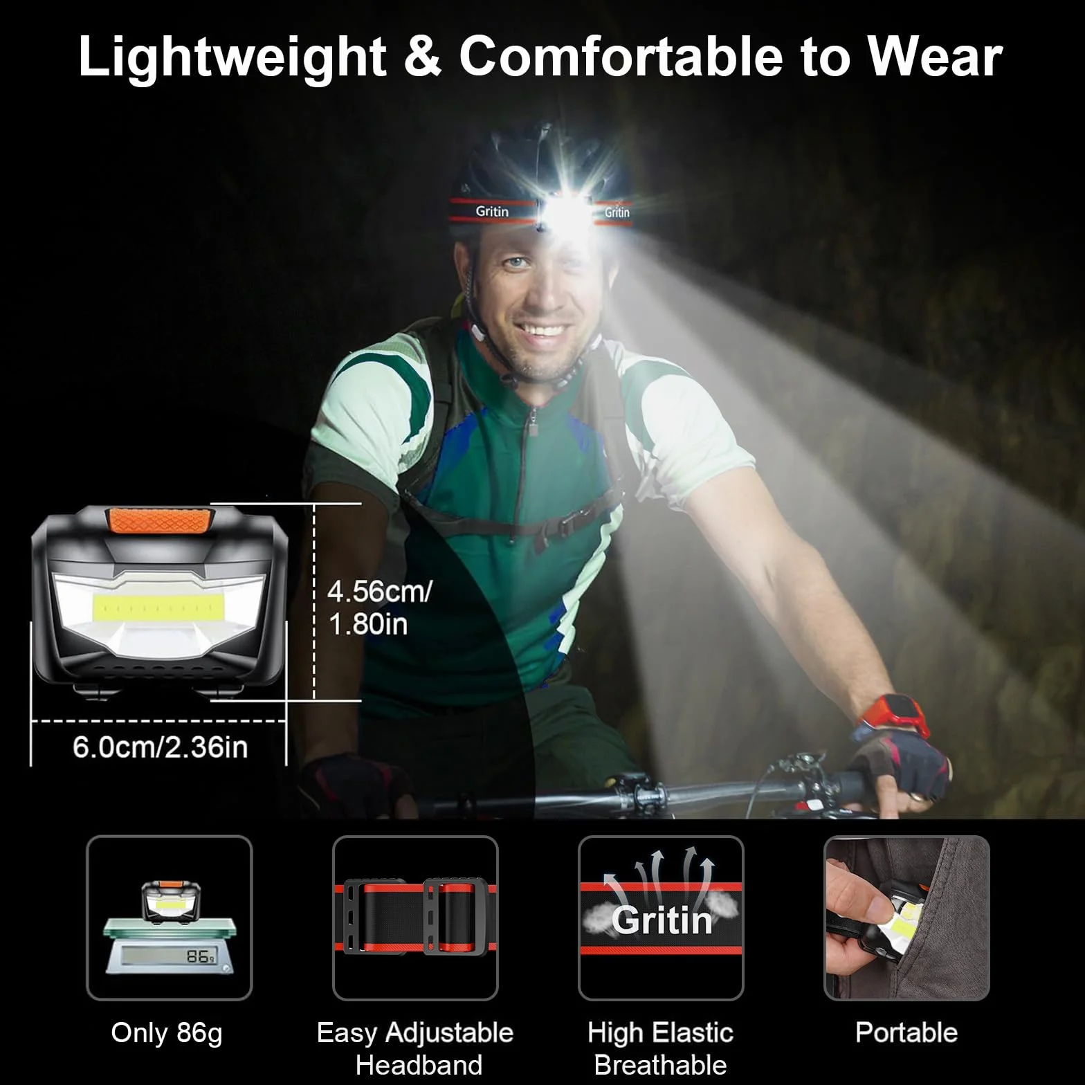Gritin LED Czołówka, 2 Sztuki COB Latarka Czołowa Super Jasna, Regulowana z 3 Trybami, Lekka do Biegania, Campingu, Wędkowania