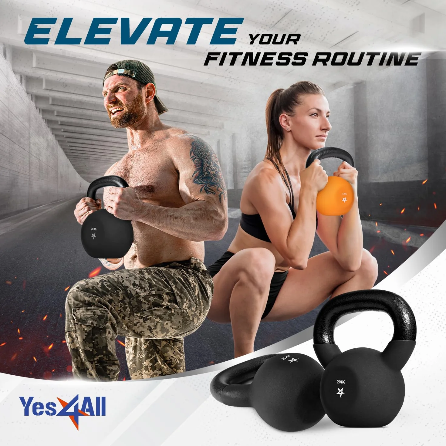 Yes4All JENR Kettlebell ciężarki z powłoką neoprenową, do treningu siłowego, 20 kg, czarne