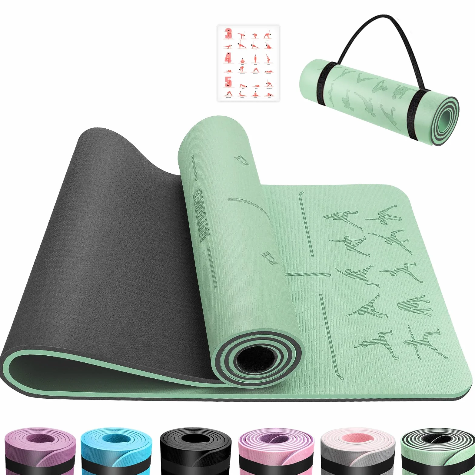 Mata do jogi, TPE o grubości 6 mm, przyjazna dla skóry, antypoślizgowa, do pilatesu, medytacji, stretchingu, z paskiem do noszenia i torbą, mata sportowa, 183 x 61 cm, zielona i czarna