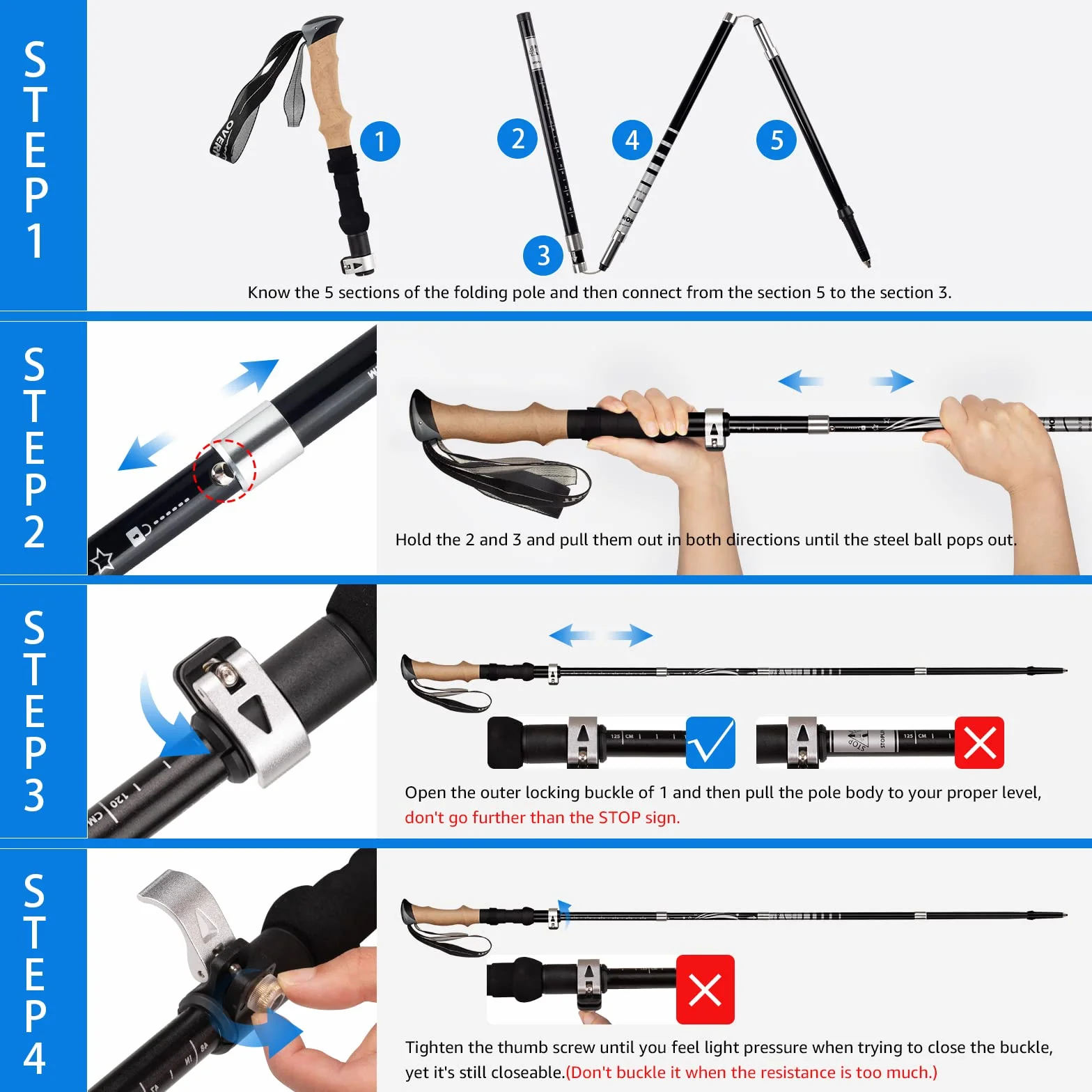 Overmont Kijki trekkingowe z włókna węglowego 7075 aluminium składane regulowane 105-125 cm do nordic walkingu 1 para