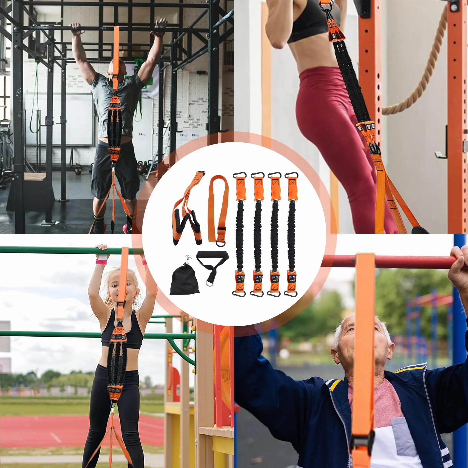 Zestaw taśm do podciągania z 4 regulowanymi taśmami oporowymi i 2 szlufkami na stopy – pomoc w podciąganiu do treningu siłowego, fitnessu, kobiet i mężczyzn