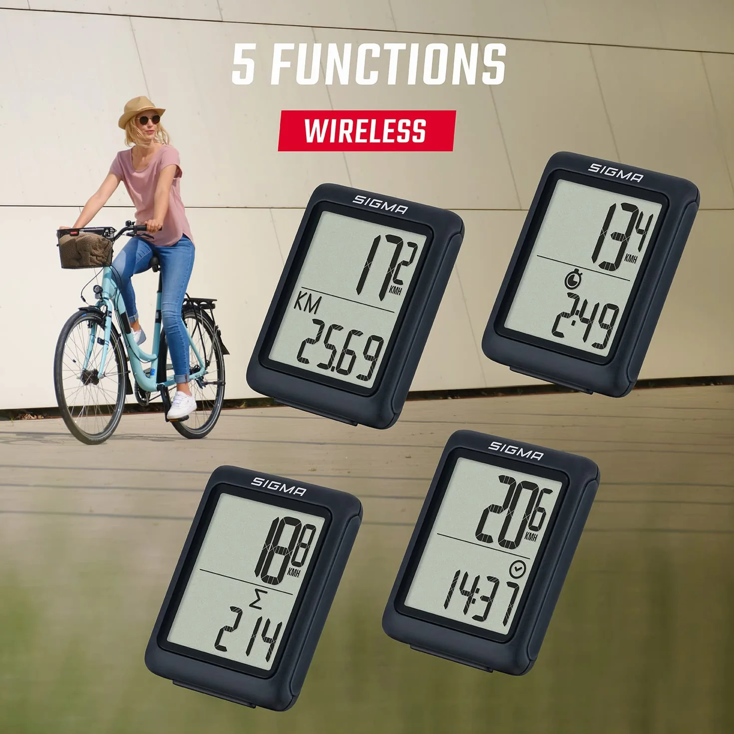 SIGMA BC 5.0 WL | Komputer rowerowy bezprzewodowy z 5 funkcjami | Komputer rowerowy dla początkujących | Łatwy w użyciu z dużymi przyciskami i wyraźną prezentacją