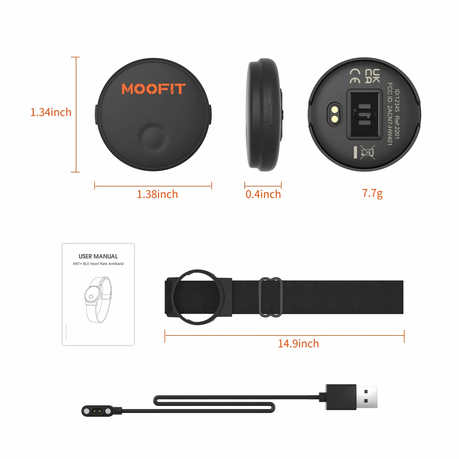 Moofit HW401 opaska na ramię z pulsometrem wodoodporny IP67 Bluetooth ANT+ ładowalna optyczna bransoletka z czujnikiem tętna działa z Wahoo Strava