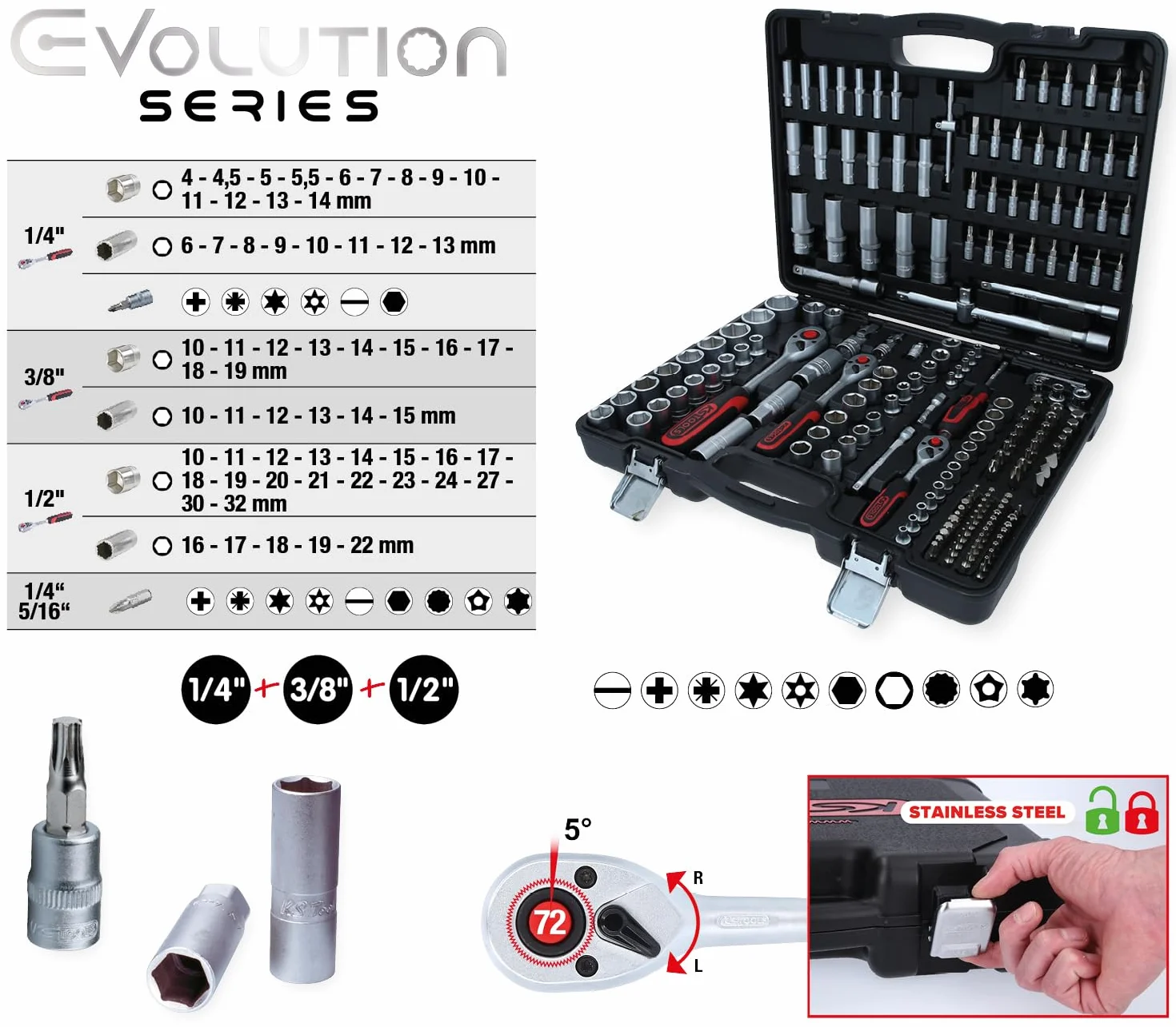KS Tools 917.0795 Zestaw kluczy nasadowych 195-szt 1/4" + 3/8" + 1/2"