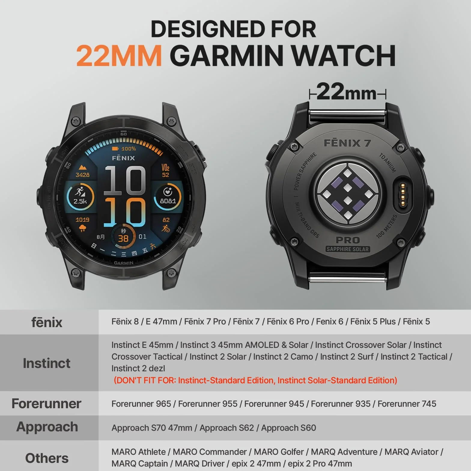 Bandletic Pasek do Fenix 6/Fenix 6 Pro / Fenix 7 / Fenix 7 Pro / Fenix 8 47 mm / Fenix 5 Pro / Fenix 5 Plus/Fenix Epix/Epix Pro 47 mm, silikonowy QuickFit 22 mm zapasowy pasek do Forerunner 965/955