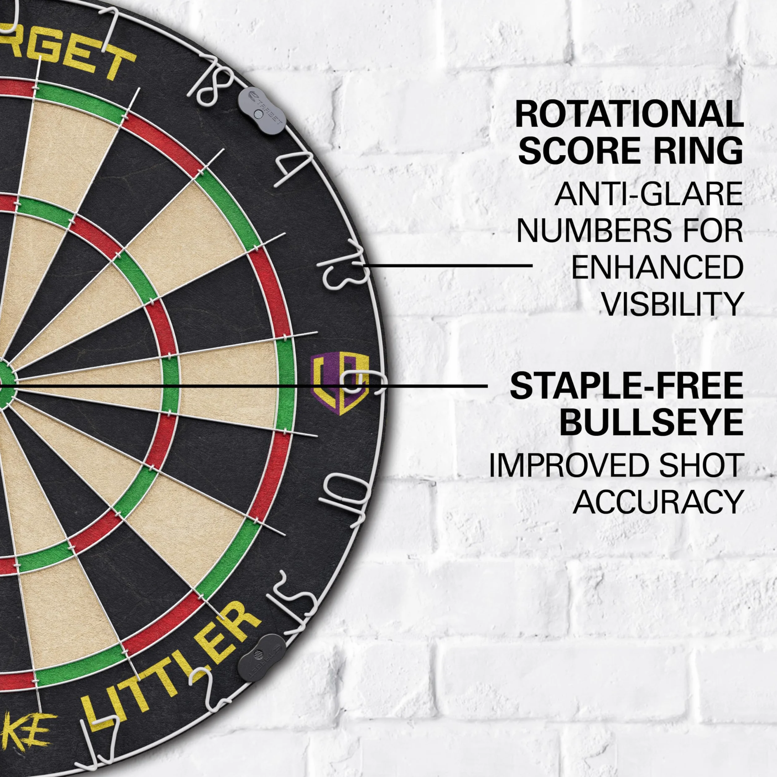 Target Darts Player Dartboard Set | Luke Littler/Dimitri Van den Bergh/Gabriel Clemens | Tarcza do rzutek w wersji dla graczy z 2 zestawami rzutek ze stalowymi końcówkami, standardowa linia w zawodach
