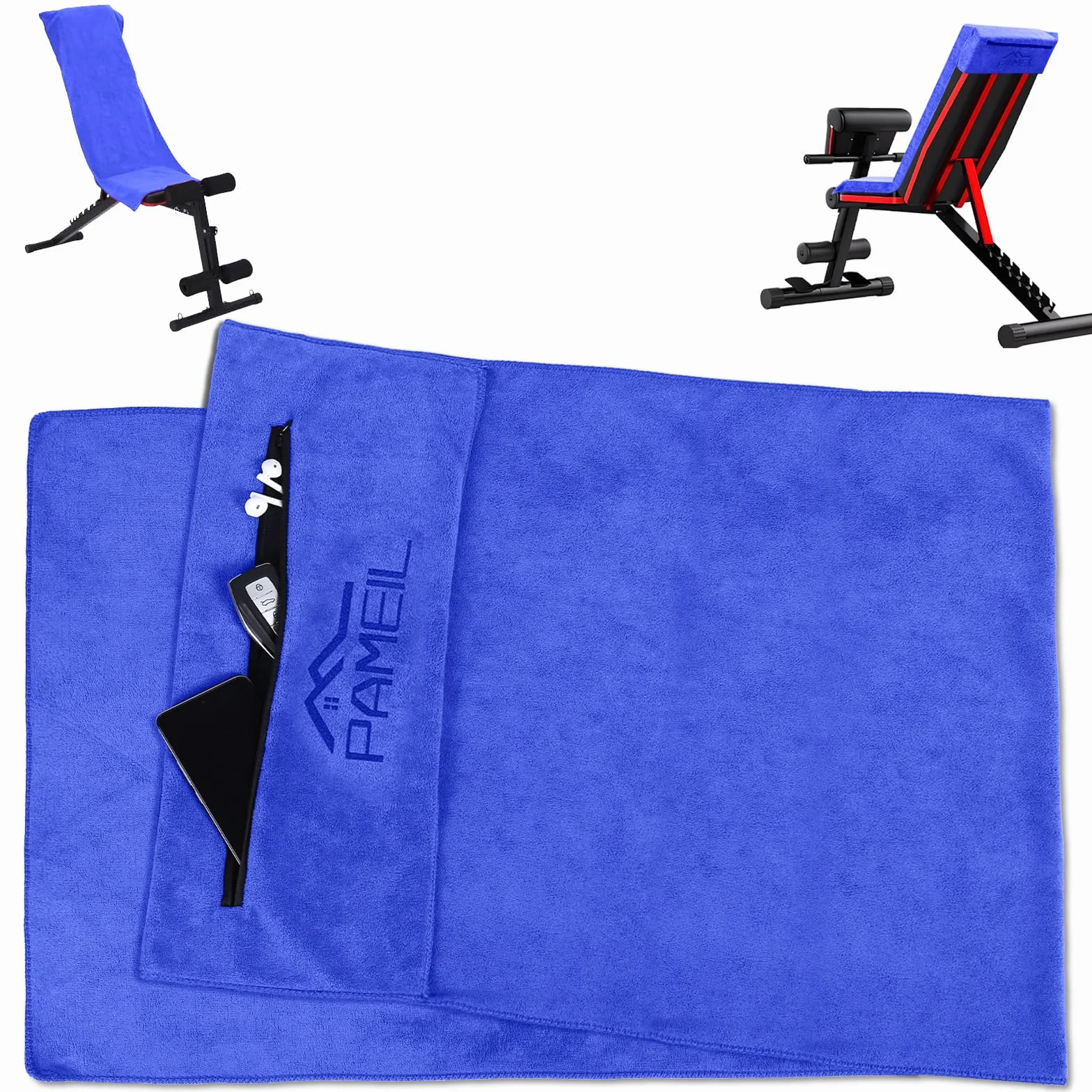 Pameil Ręcznik fitness, 120 x 50 cm, ręcznik sportowy, do studia fitness, chłonny i miękki, z kieszenią na zamek błyskawiczny, do treningu (Niebieski)