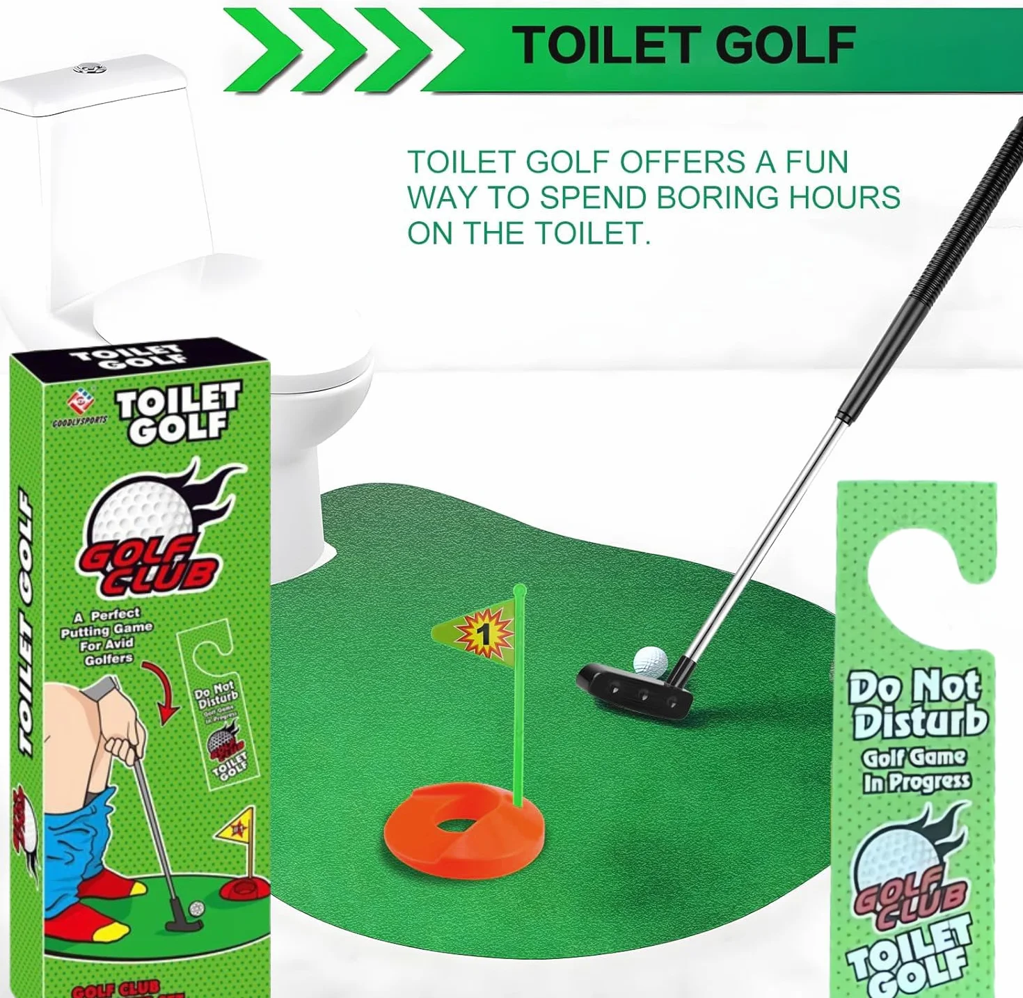 Kiuiom Zestaw do golfa toaletowego, gra w golfa z kijem i piłkami, gra toaletowa, mini golf, zabawny prezent dla mężczyzn z kijem golfowym 64 cm, matą, 2 piłkami golfowymi i hakiem do bramki
