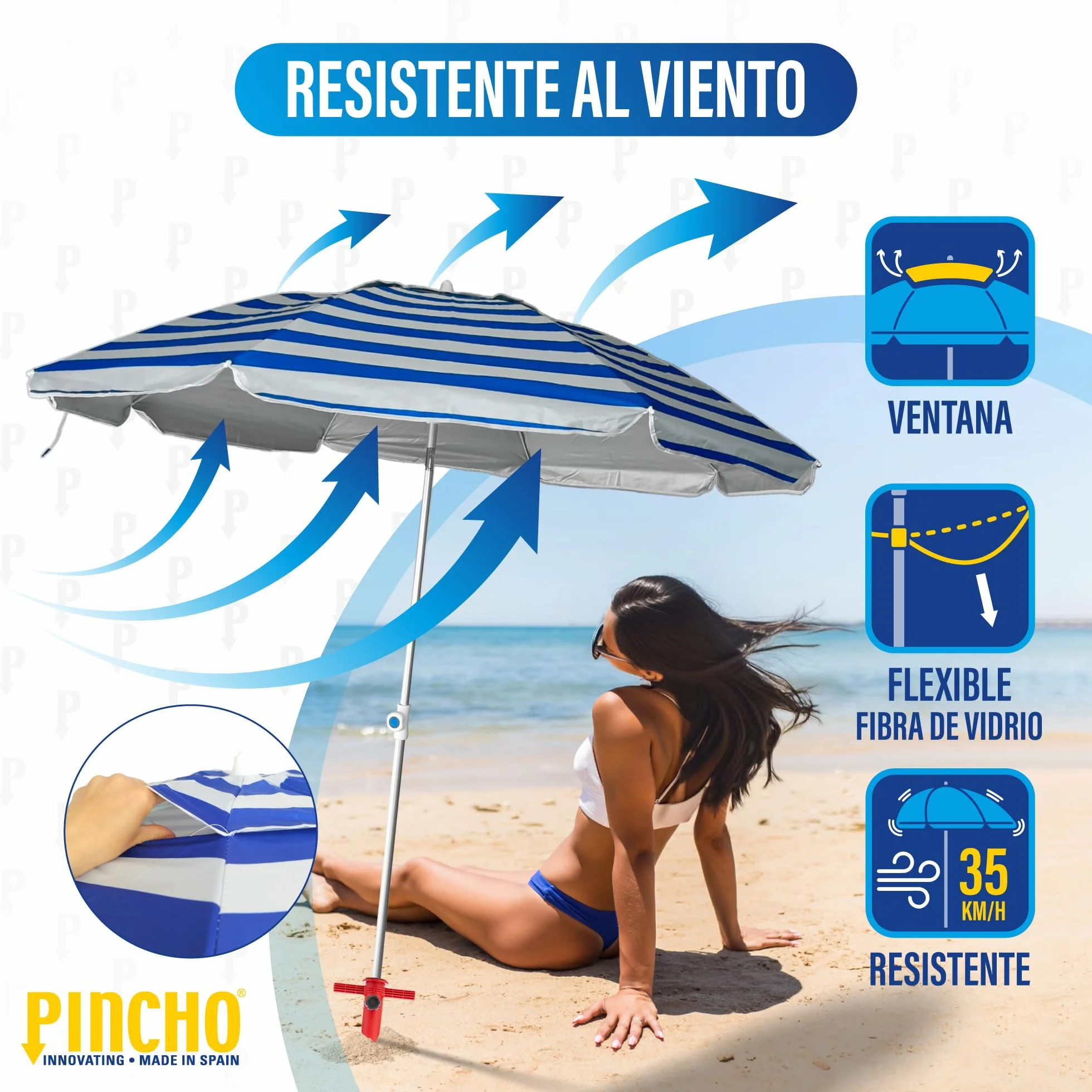 Szaszłyk Parasol Plaża 200 cm, Aluminium, UPF+50 blokuje 99% promieni UV, 8 prętów z włókna szklanego, bardzo lekki 1,5 kg, górne okno
