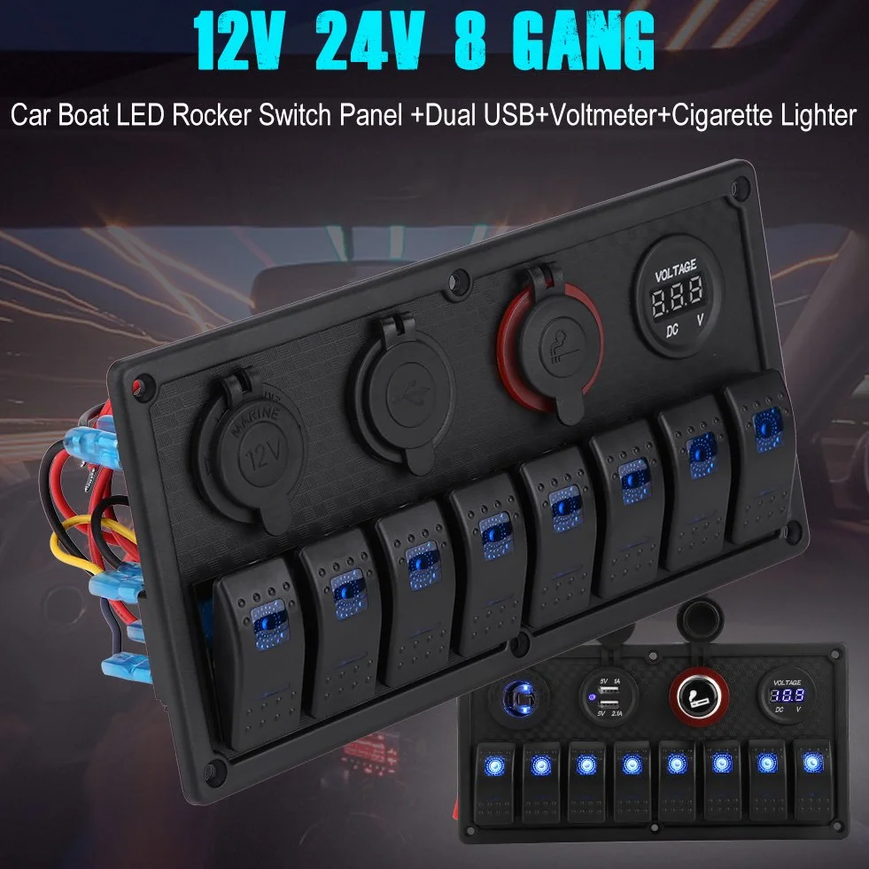 KIMISS 8-gangowy panel przełączników LED 12V/24V z woltomierzem, dual USB i gniazdem zapalniczki