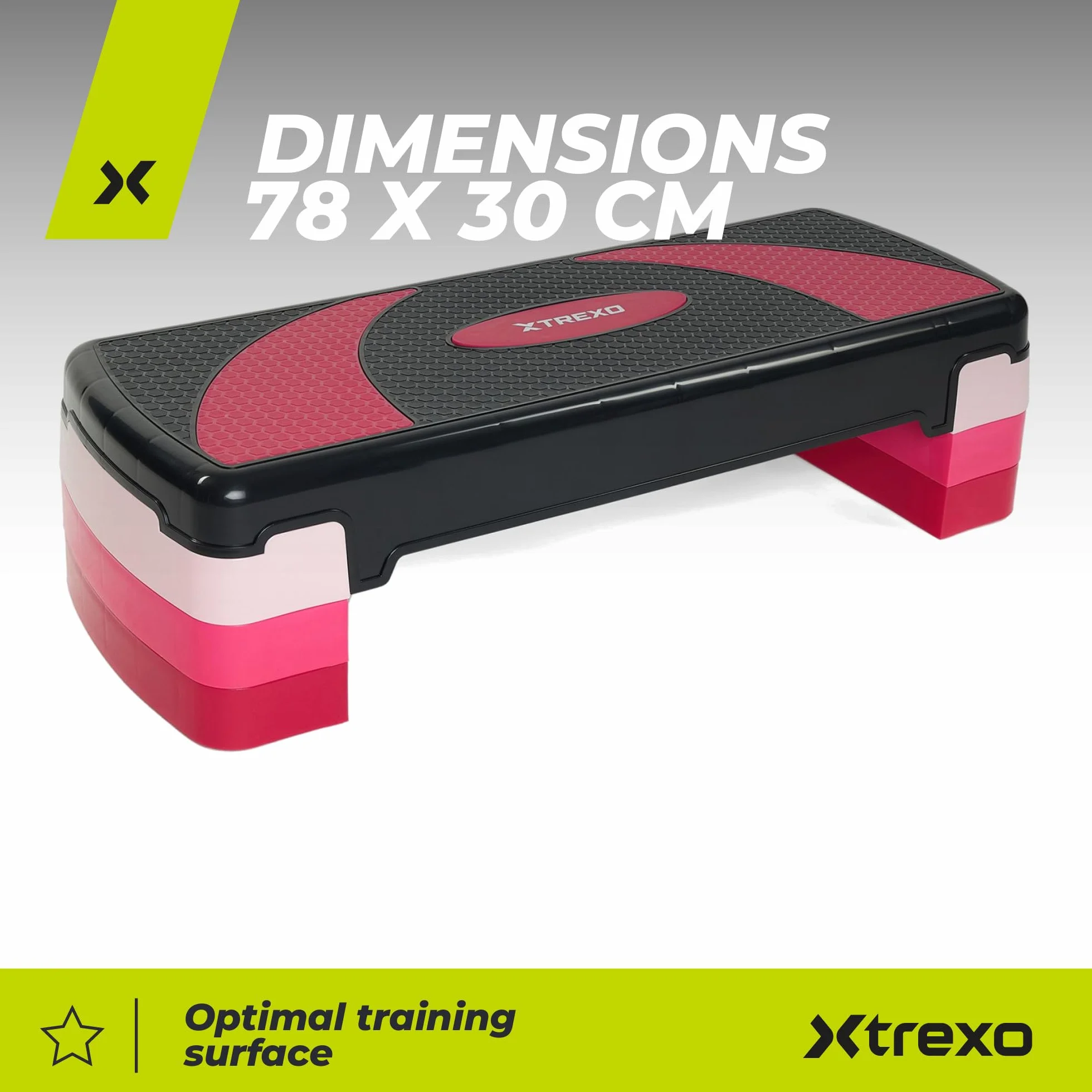 TREXO Aerobik Step 78 x 30 cm do ćwiczeń kardio i treningu fitness regulowana wysokość 10-20 cm wytrzymały polipropylen i TPR wysokiej jakości aerobik niebieski | różowy | szary