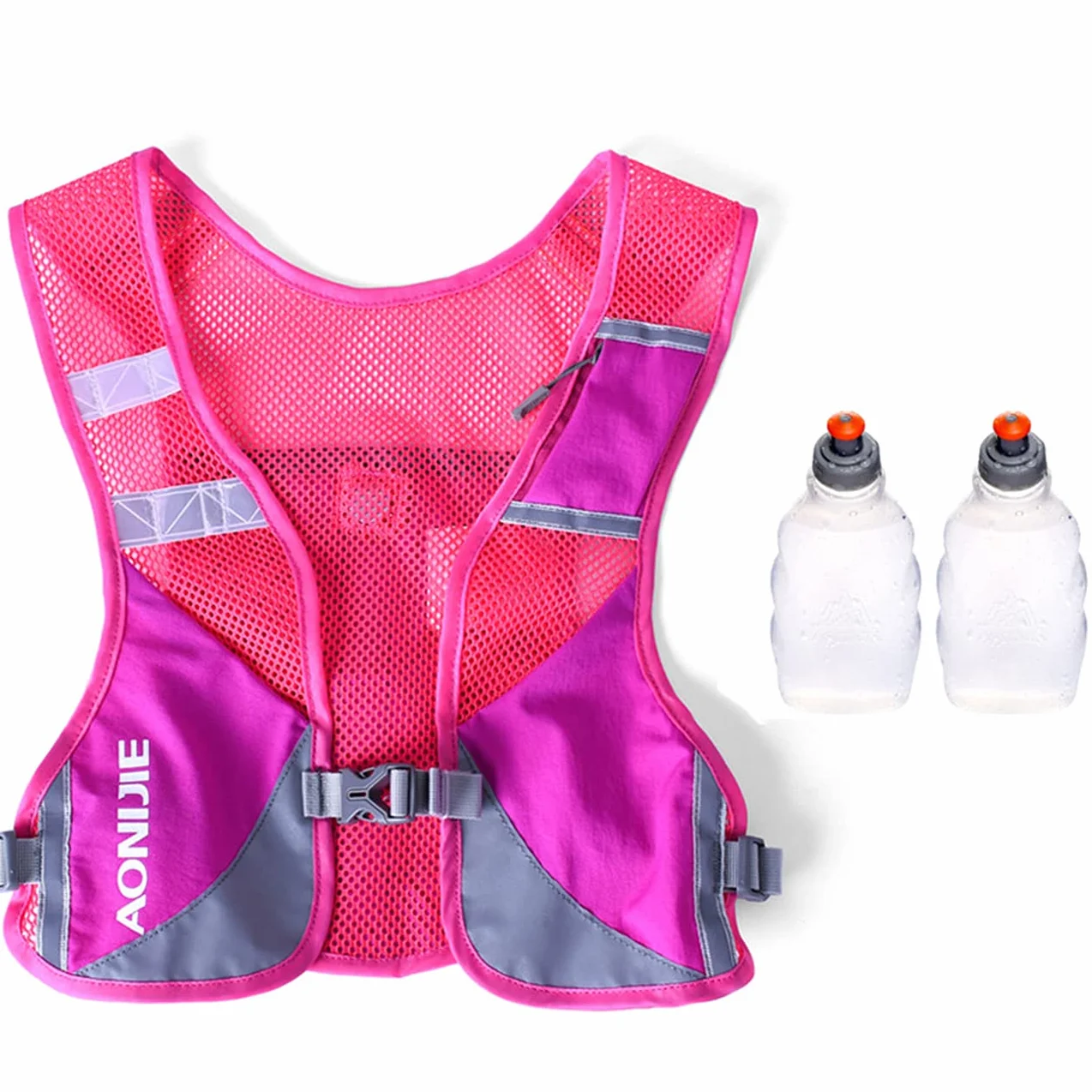Odblaskowy plecak do biegania na wodę, kamizelka, na maraton, dla biegacza, plecak rowerowy dla mężczyzn i kobiet, kolor różowy, z dwiema butelkami 250 ml