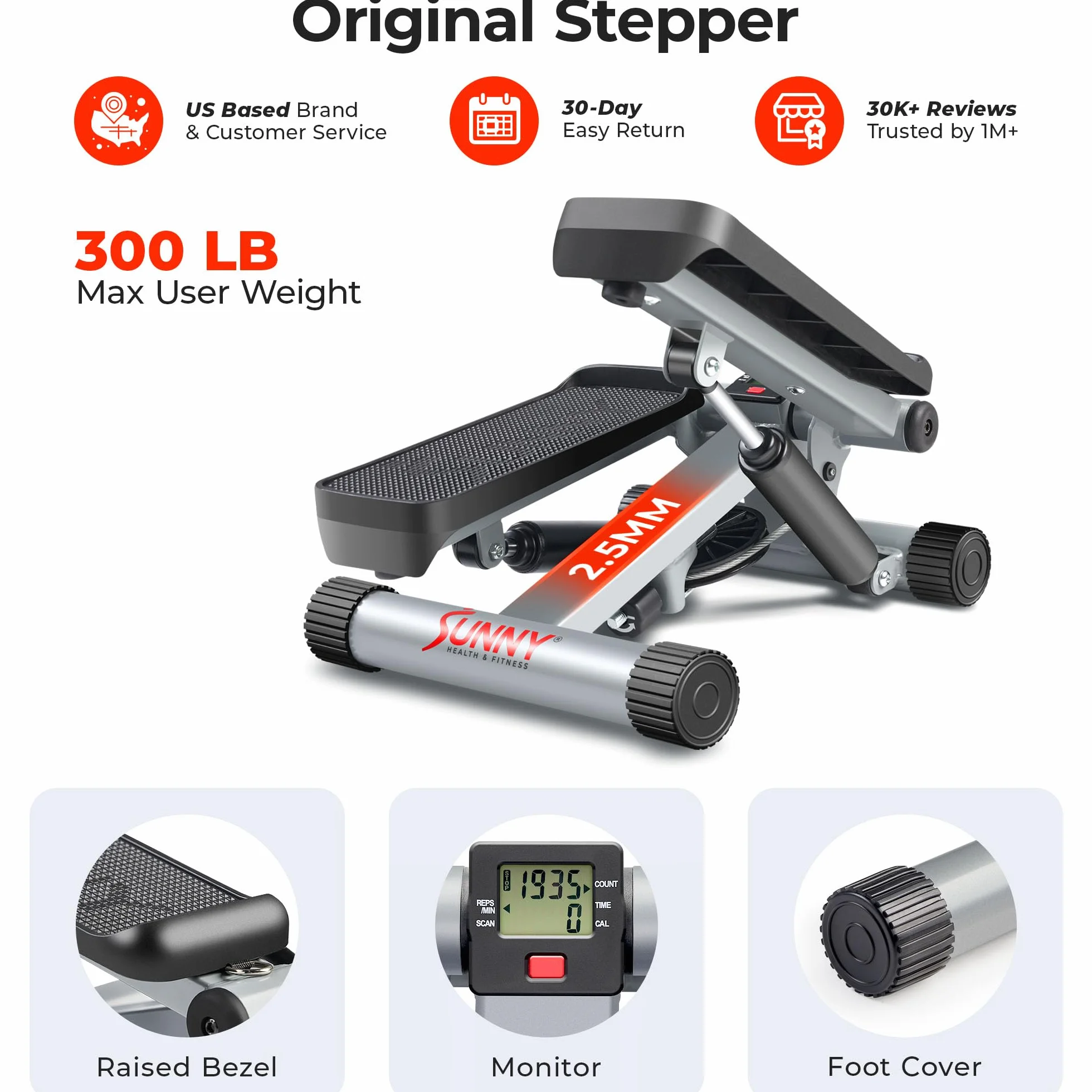 Sunny Health and Fitness Mini Stepper Machine, Stepper Air Climber z taśmami oporowymi, monitor LCD, NR 012-S