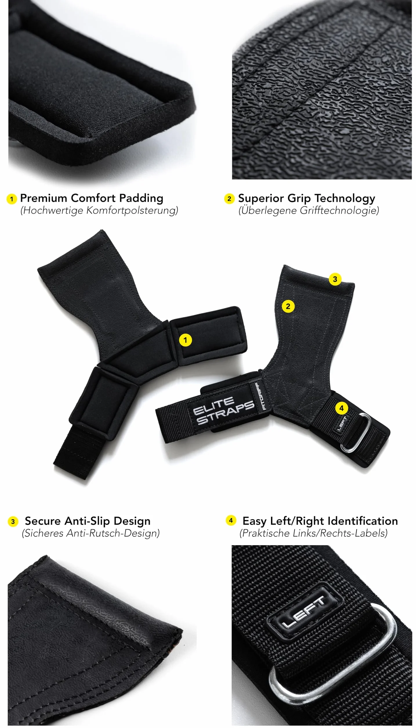 Fitgriff® Elite Straps 2.0 paski do podnoszenia ciężarów gumową podkładką trening siłowy