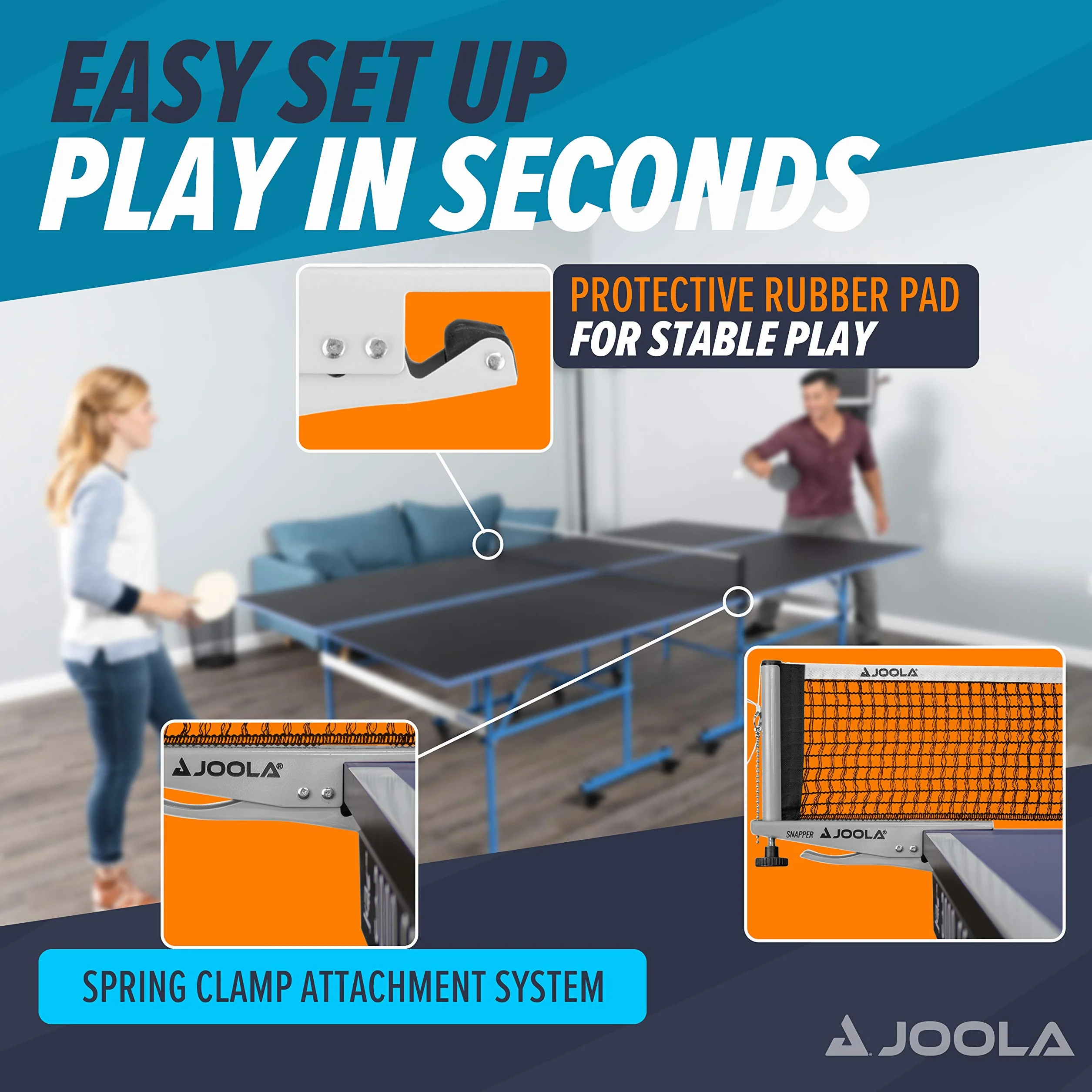 JOOLA 31013 siatka do tenisa stołowego Snapper-Indoor zestaw do sportów rekreacyjnych regulacja wysokości za pomocą śruby blokującej – technologia zaciskowa, srebrna/czarna, jeden rozmiar