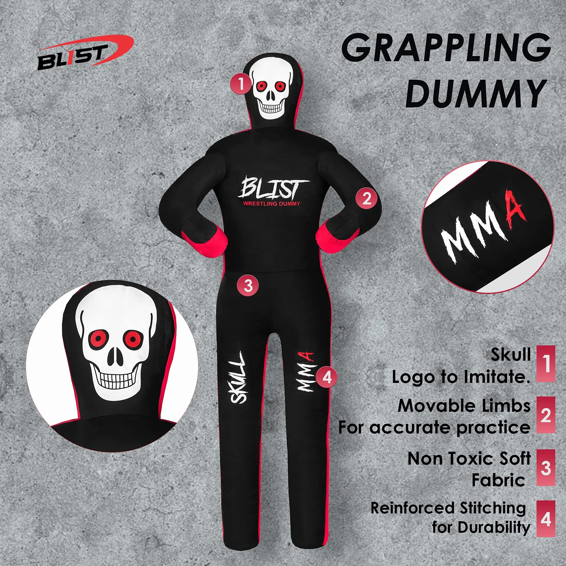Blist MMA Grappling Dummy Judo worek bokserski Brazylijski BJJ Jiu Jitsu pozycja siedząca Wrestling Sztuki Walki Boks Karate Training (niewypełniony), czarny, 177,8 cm