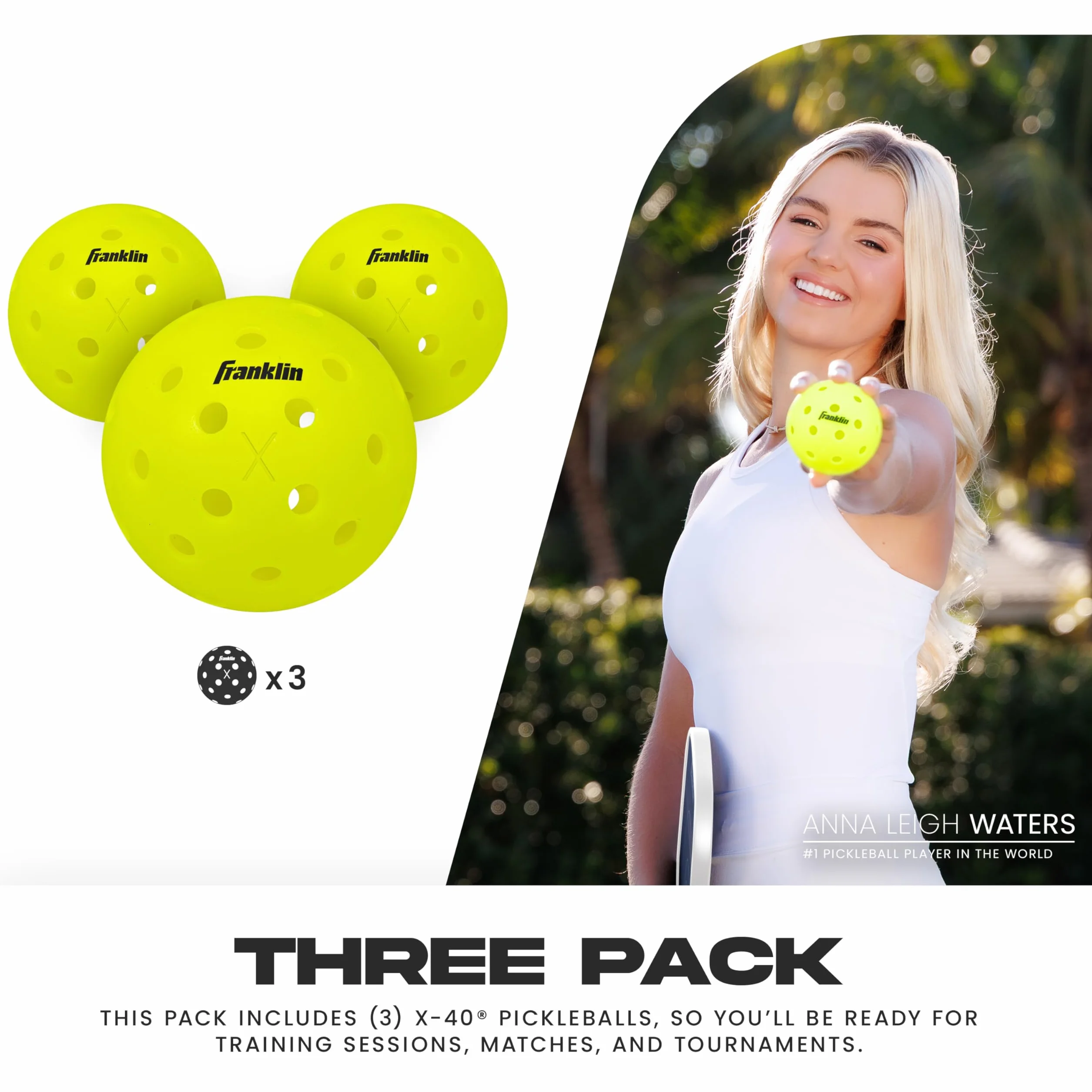 Franklin Sports X-40 Outdoor Pickleballs Oficjalna piłka USA Pickleball, APP Tour + Pickleball US Open – zestaw 3, 12, 36 wiaderek, opakowania zbiorcze 50, 100 + 400 szt. zgodnych z przepisami