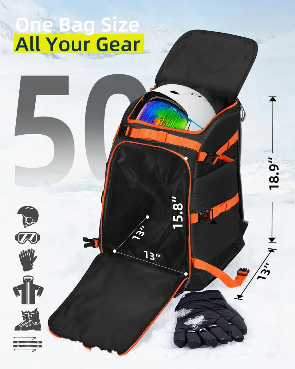 Abahub Torba na buty narciarskie z kieszenią na kask, plecak na buty narciarskie, 50 l, 1680D, nylon, wodoodporny, wyściełany, plecak na buty narciarskie, kask snowboardowy i akcesoria, Skiing Boot