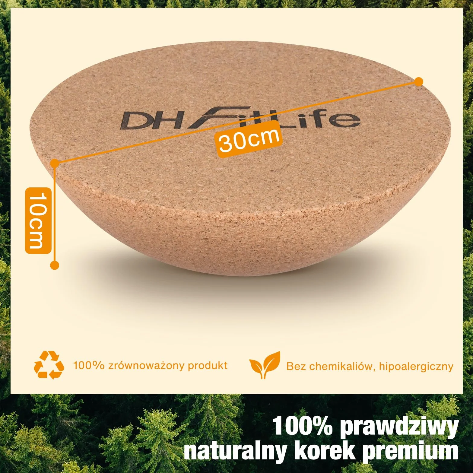 DH FitLife Półkula Korkowa do Deski do Balansowania dla Dorosłych | 30 x 10 cm | 360° Half Balance Ball | Pasuje do Wszystkich Desek do Surfowania | 100% Naturalny Korek i Antypoślizgowa