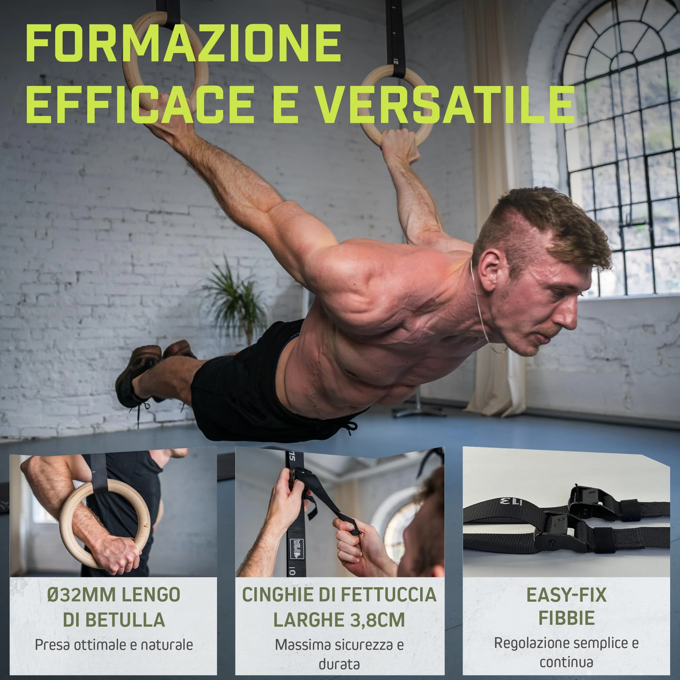 Wild Instincts Pierścienie gimnastyczne premium z drewna 28 mm i 32 mm z WebApp – pierścienie treningowe z taśmami o długości 5 m wraz z pokrowcem - pierścienie gimnastyczne do gimnastyki -