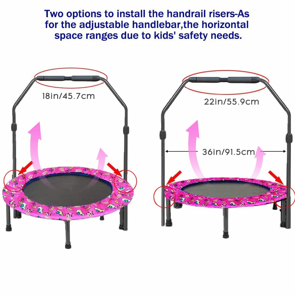 Mini trampolina dla dzieci z regulowanym uchwytem składana różowa