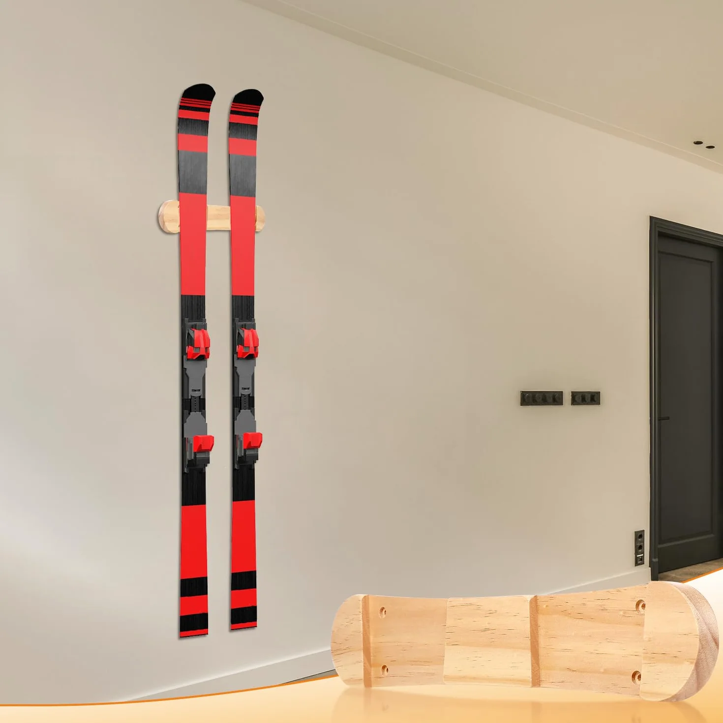 Minimalistyczny Drewniany Stojak na Narty, Wieszak do Montazu na Scianie Snowboardu Stojak na Snowboard Stojak do Przechowywania Nart do Garazu w Pomieszczeniu Deska Narciarska Longboard