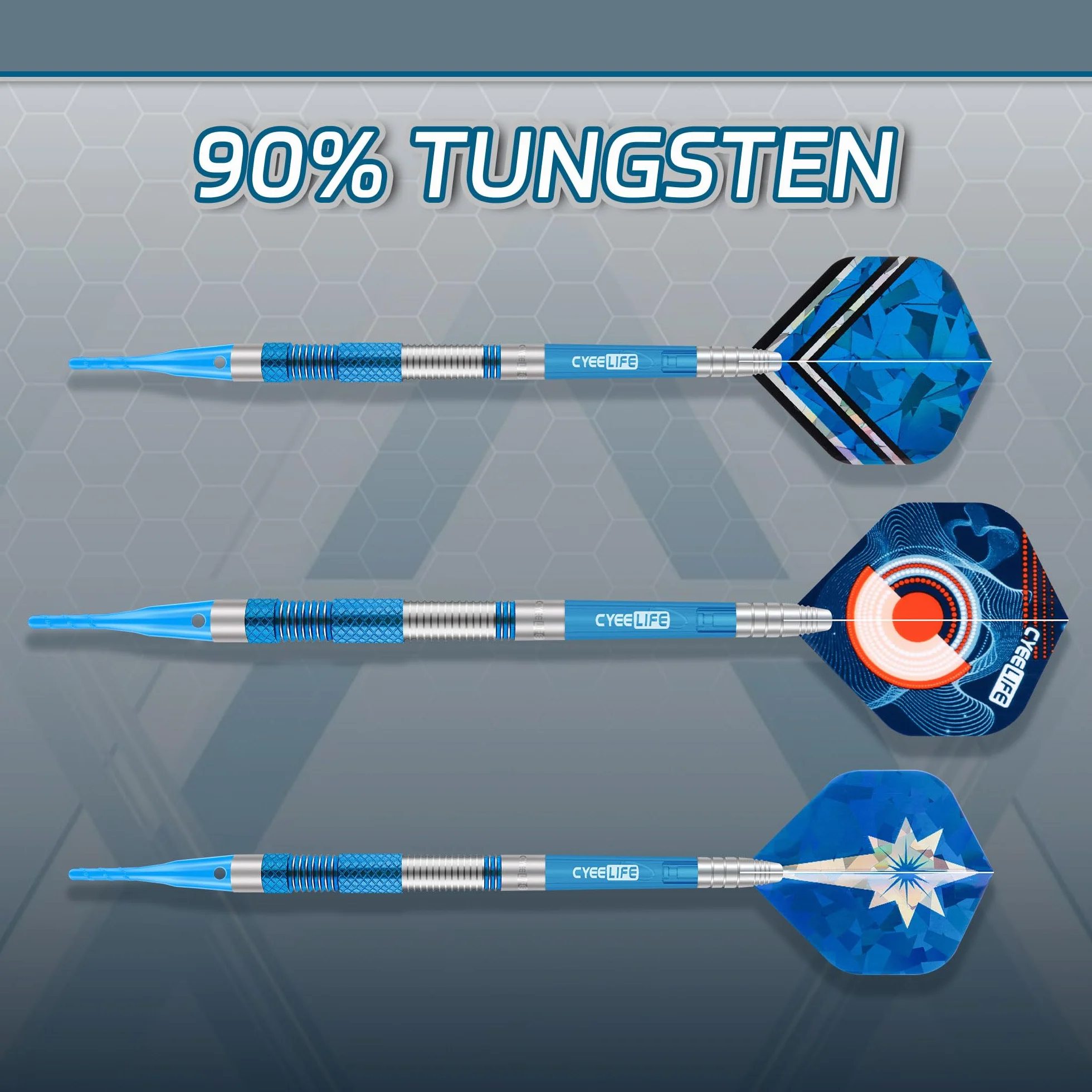 Zestaw rzutek do darta CyeeLife z plastikowymi końcówkami 90% wolframu 3 sztuki 90% wolframu soft darts, profesjonalny zestaw do darta z piórkami, nasadkami i końcówkami (niebieski)