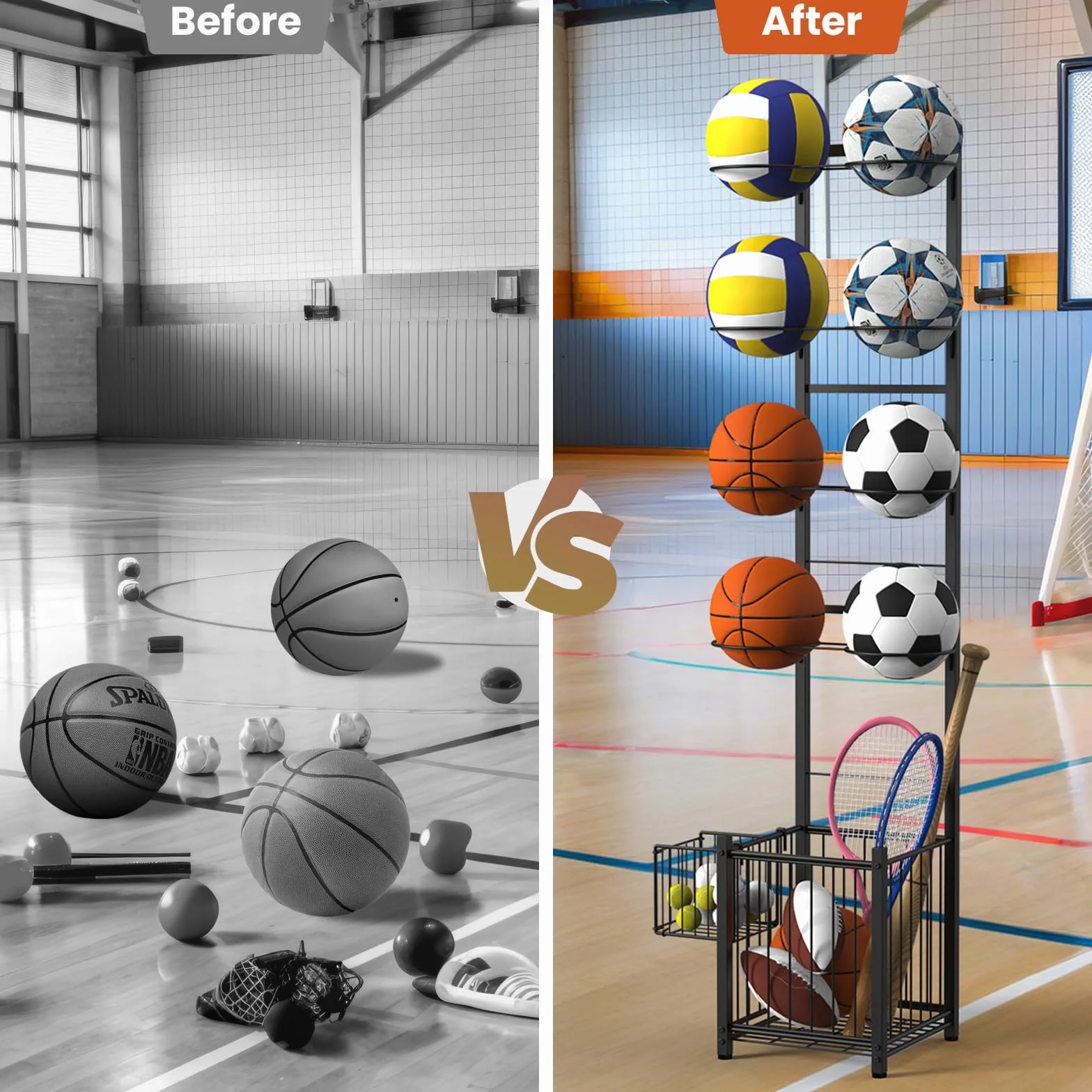 CADUKE Basketball Storage Rack for Garage, 8 Balls Holder for Sports Indoor Outdoor Black