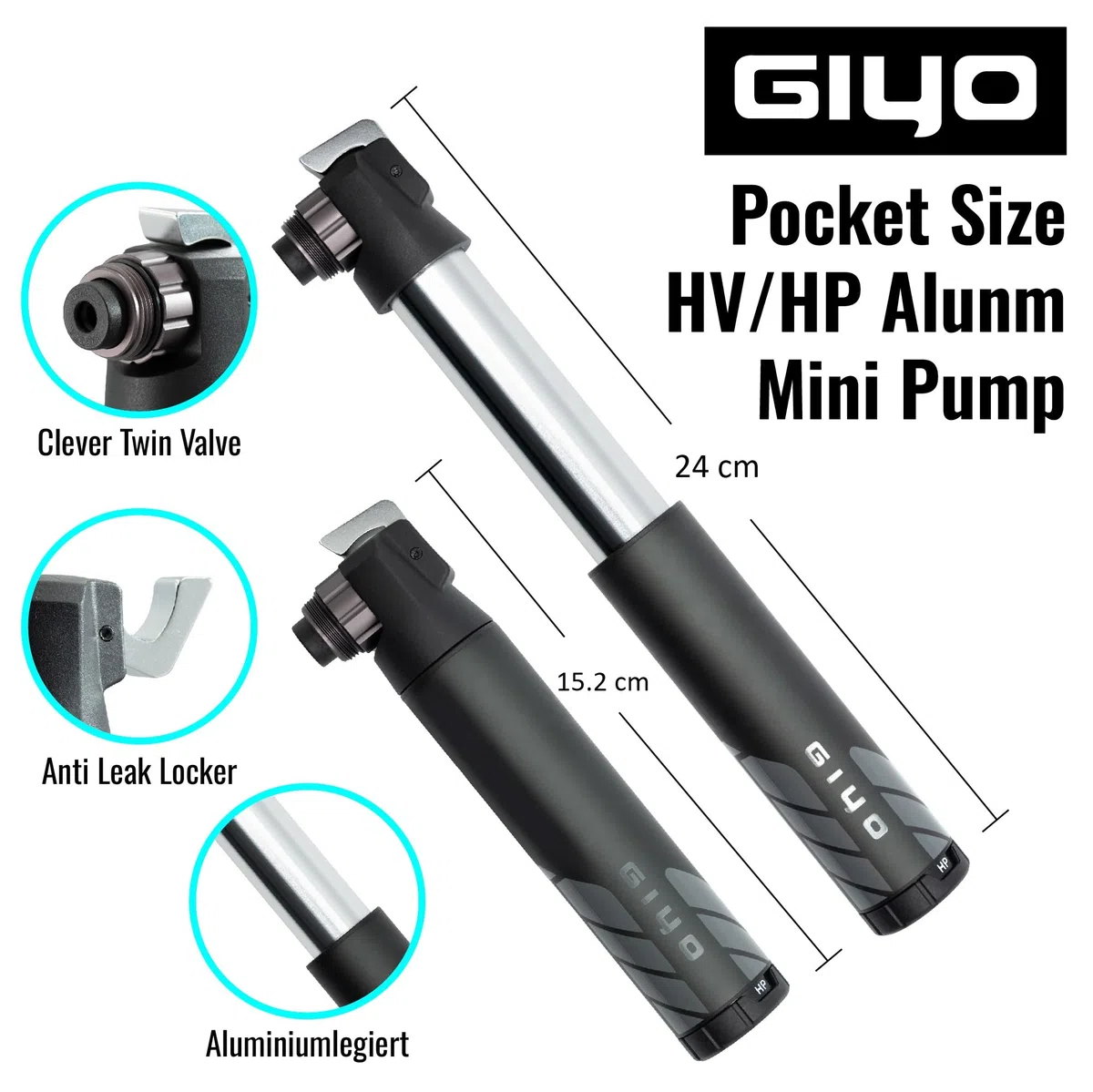 GIYO GM-45CT Mini pompka rowerowa, 2-stopniowa o dużej objętości (80cc) / wysokociśnieniowa aluminiowa pompka (7 bar) do rowerów górskich, sprytny podwójny wentyl (Presta/Schrader/Dunlop), wielkości