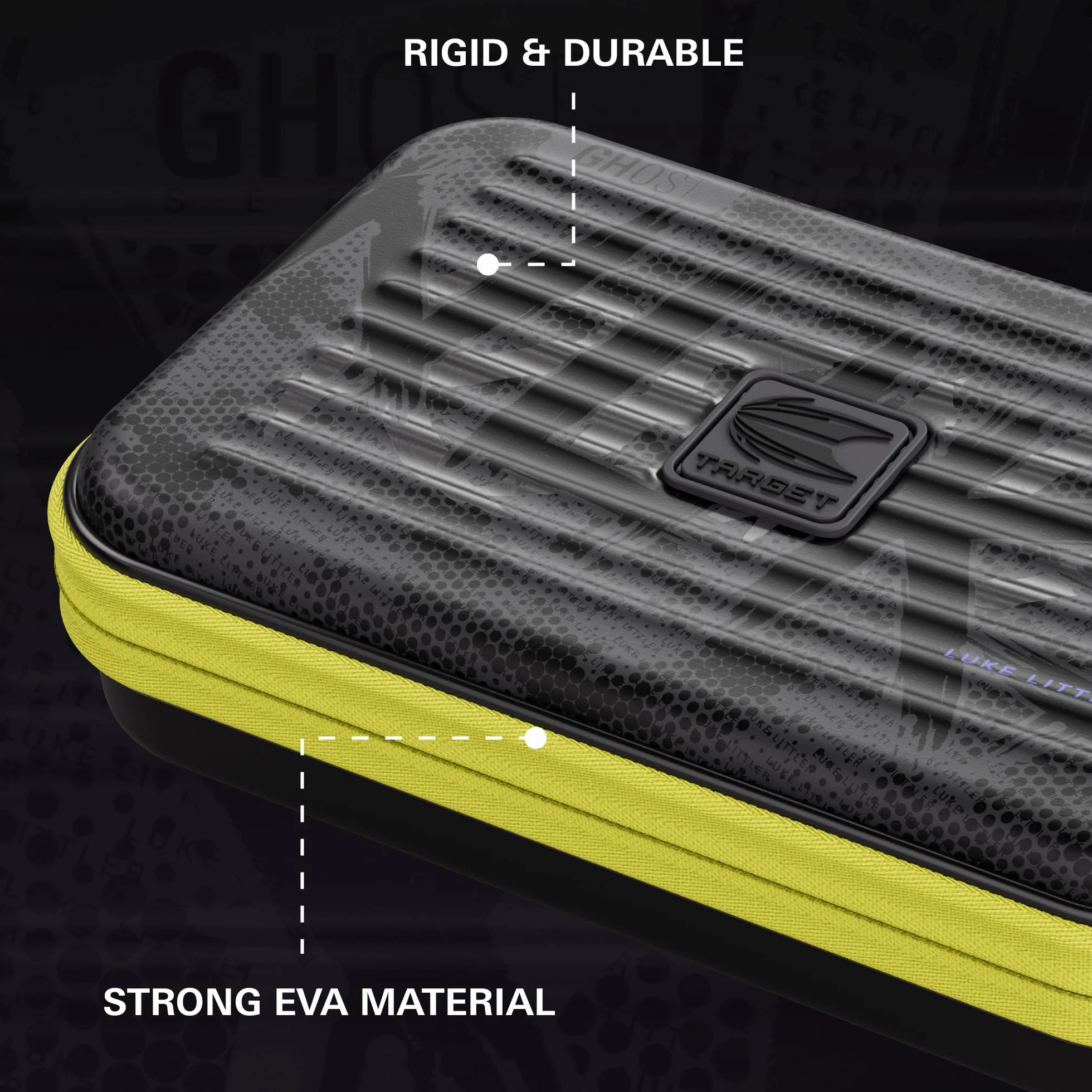 Target Darts Luke Littler Ghost Series XL Takoma Wallet – “The Nuke” profesjonalne etui na 6 zmontowanych rzutek, czarno-białe, z zamkiem błyskawicznym, idealne do przechowywania akcesoriów.