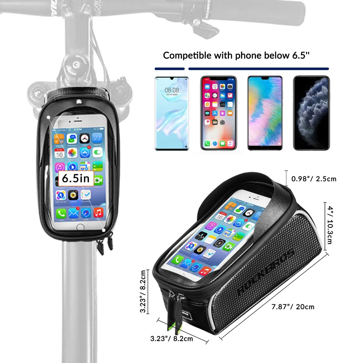 ROCKBROS Torba Rowerowa na Ramę, na Kierownicę, Wodoodporna, Ekran Dotykowy, Duża Pojemność, na iPhone XR/XS/MAX/X/8/7/6Plus, Samsung Galaxy S10Note, Huawei P30 Pro, do Ekranu 6.5 Cala